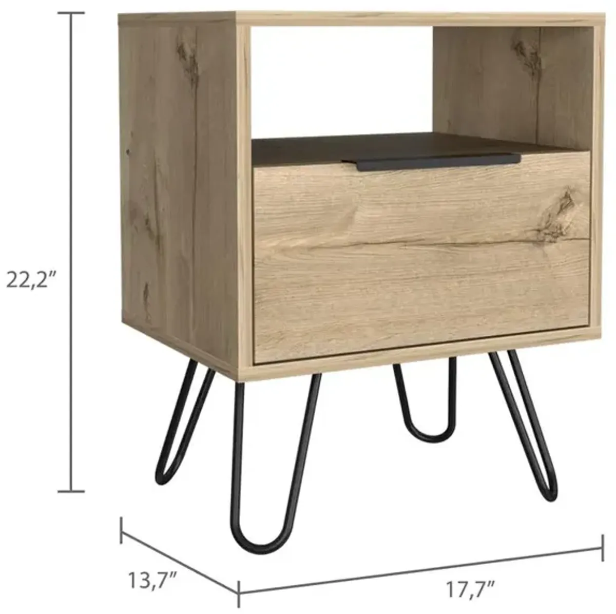 DEPOT E-SHOP Begonia Night Stand-Two Shelves, One-Door Drawer, Four Steel Legs-Light Oak, For Bedroom