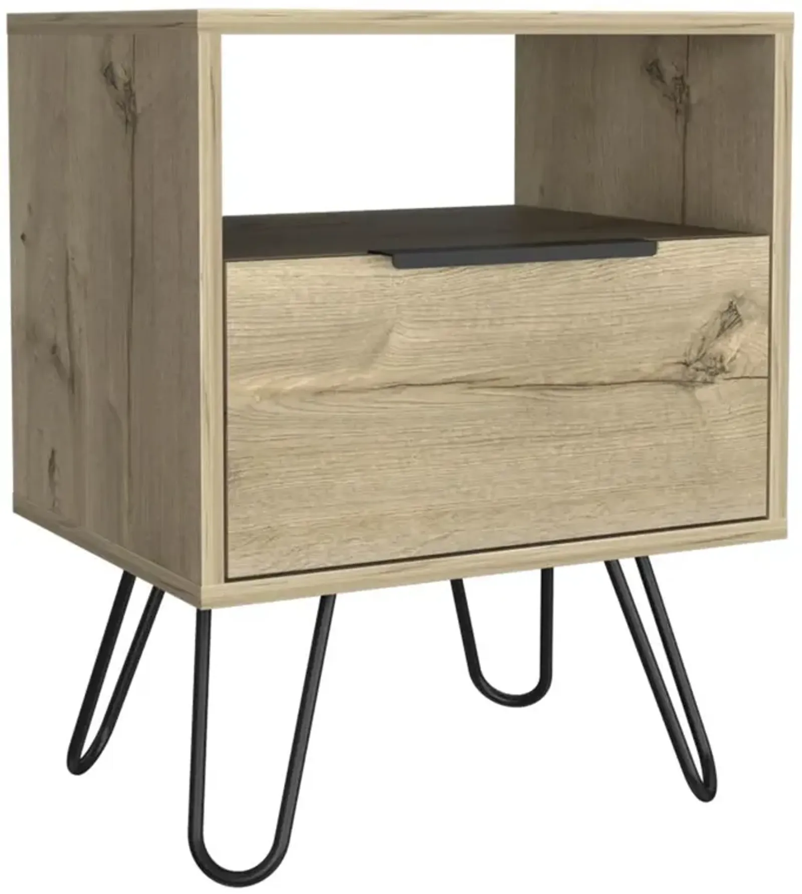 DEPOT E-SHOP Begonia Night Stand-Two Shelves, One-Door Drawer, Four Steel Legs-Light Oak, For Bedroom