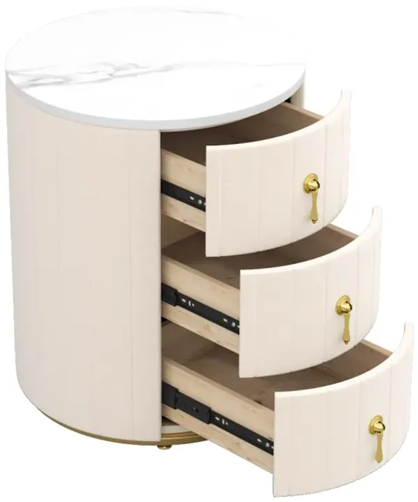 Merax Upholstered Nightstand with 3 Drawers - Round Bedside Table with Metal Handles & Marble Top, Fully Assembled (Handles Excluded) for Bedroom