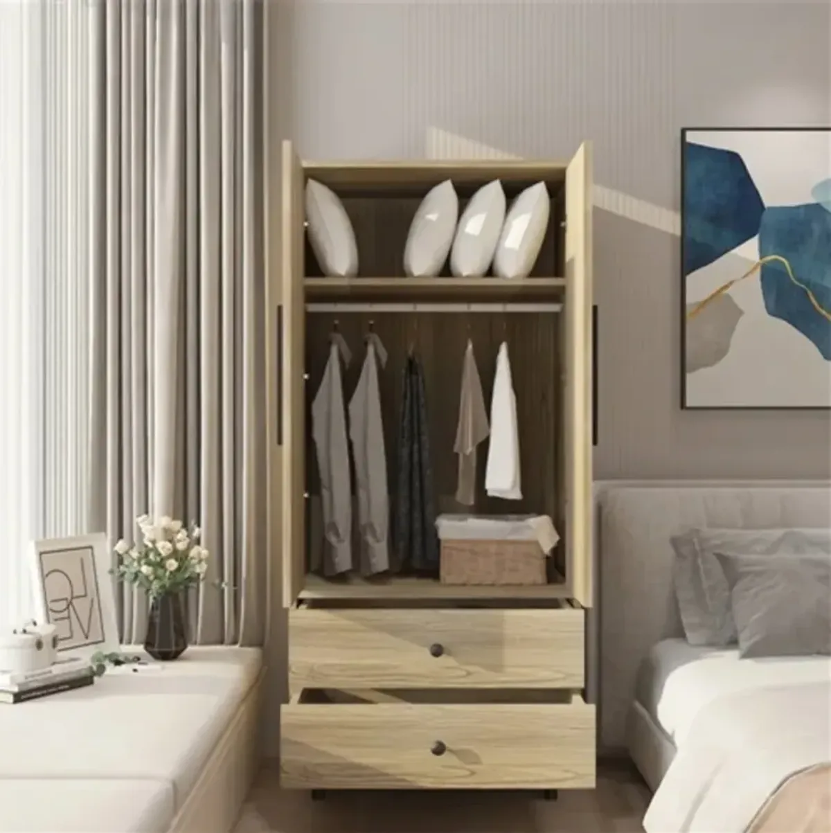 2-Door Mid-Century Wardrobe Cabinet with Garment Hanging Bar