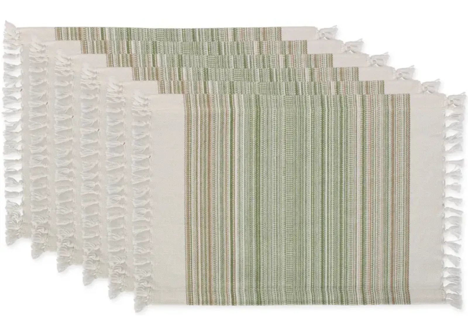 Set of 6 Green And Brown Striped Fringed Rectangular Placemat 19"