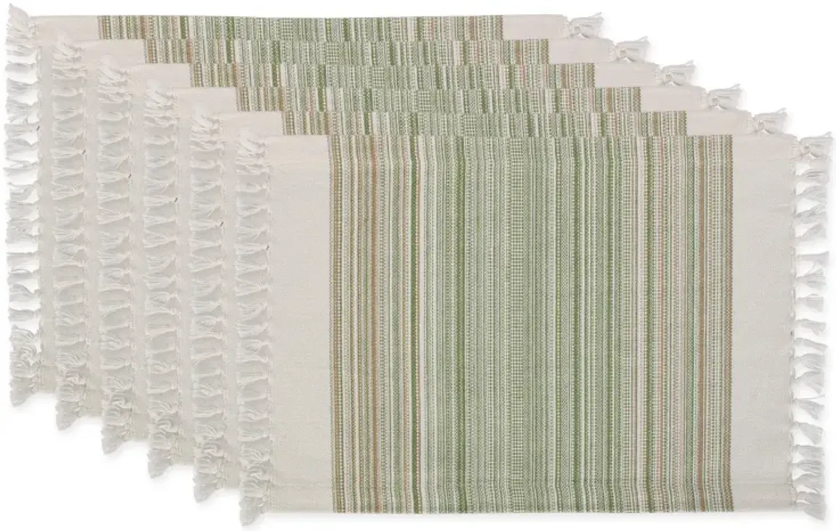 Set of 6 Green And Brown Striped Fringed Rectangular Placemat 19"