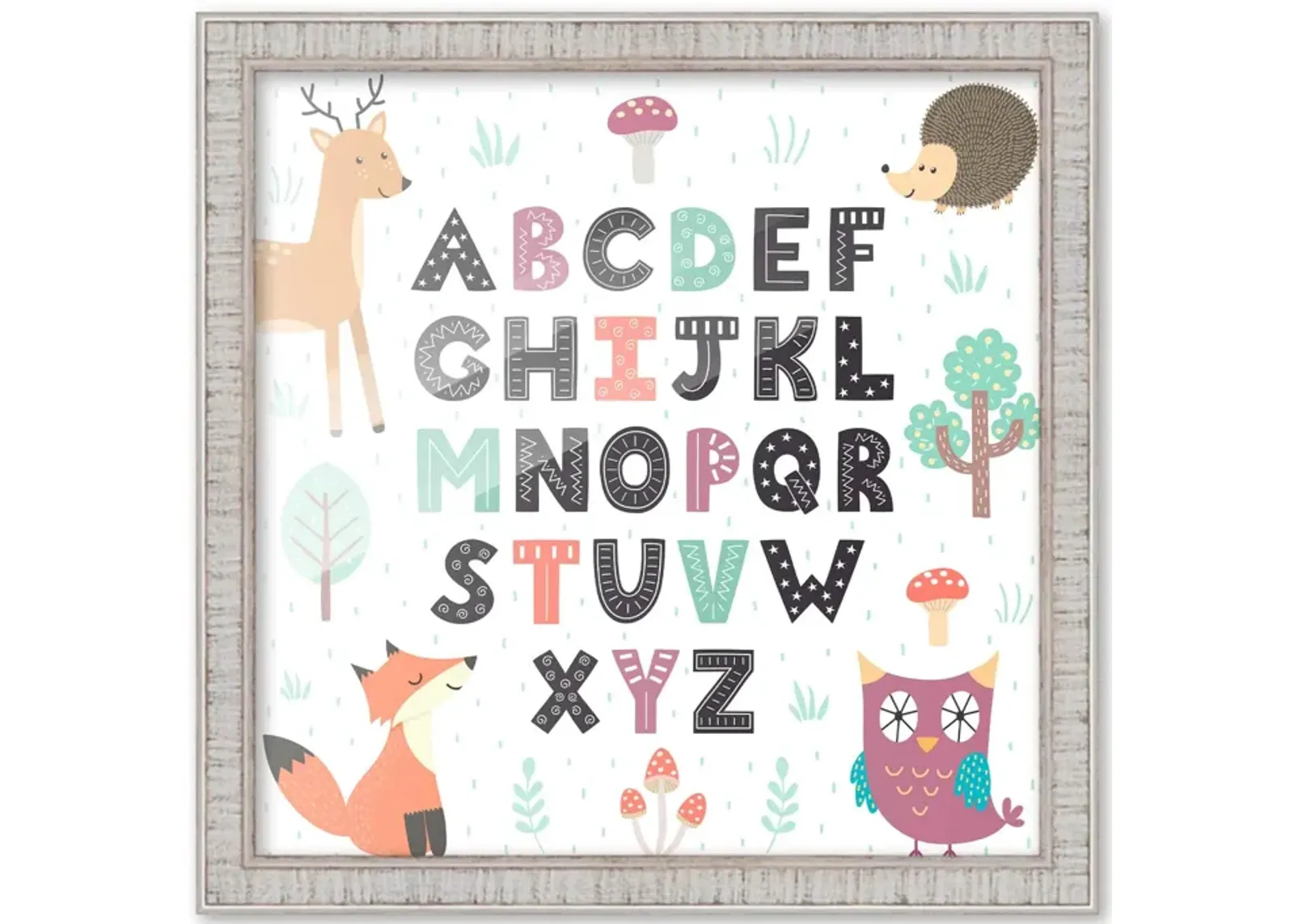 10x10 Framed Nursery Wall Art Woodland Animals ABC Poster In Rustic White Wood Frame For Kid Bedroom or Playroom