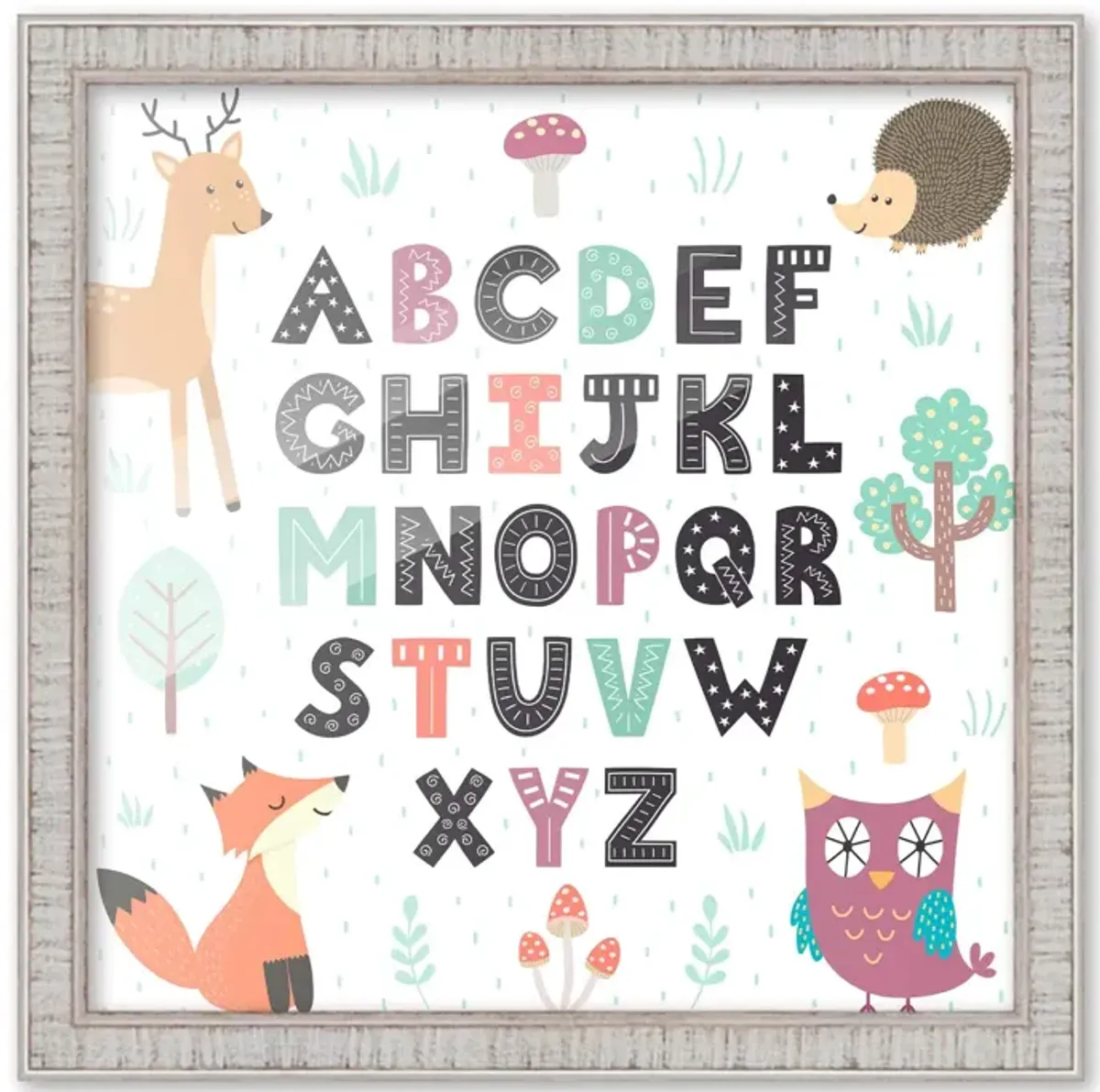 10x10 Framed Nursery Wall Art Woodland Animals ABC Poster In Rustic White Wood Frame For Kid Bedroom or Playroom