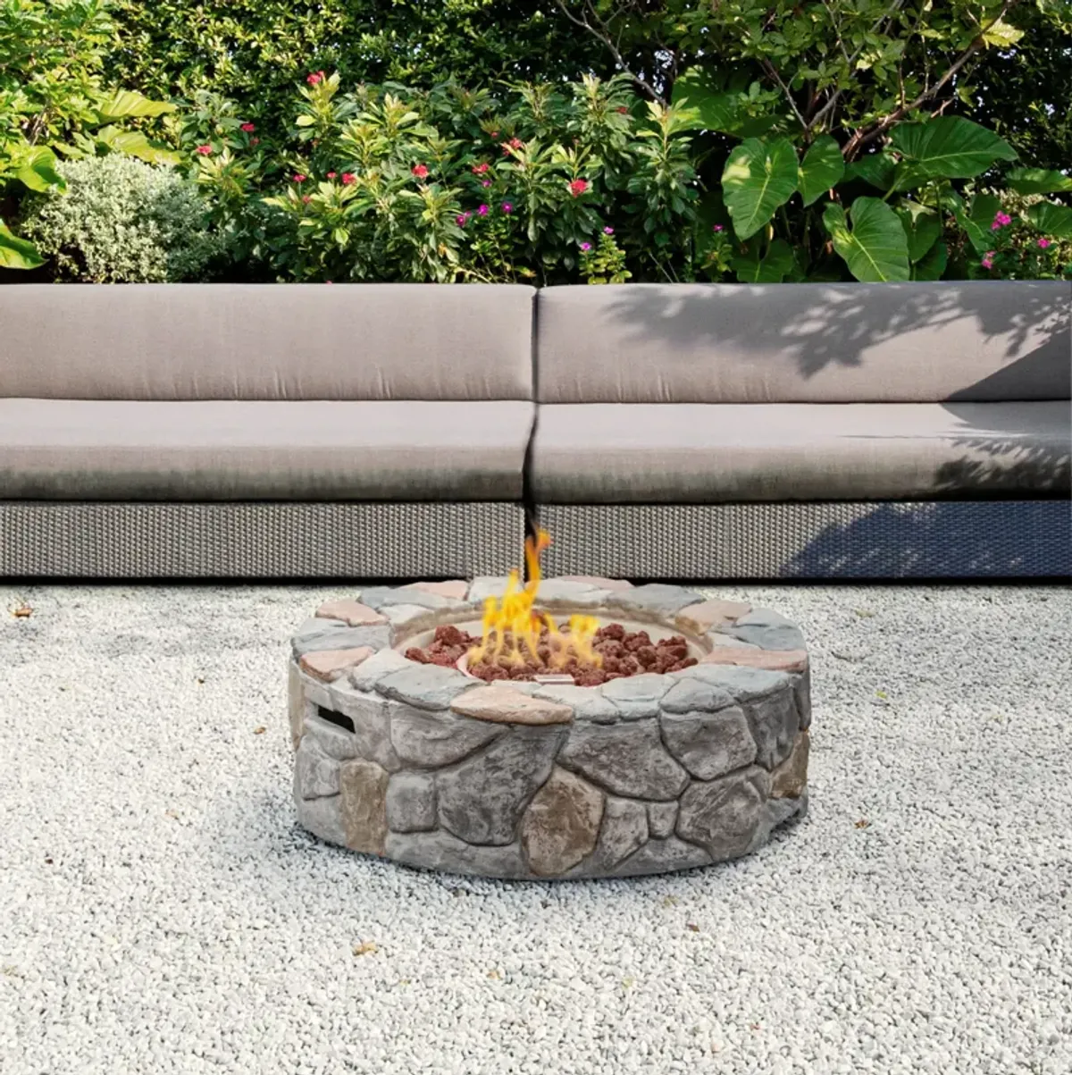 Teamson Home 28" Outdoor Round Stone Propane Gas Fire Pit, Stone Gray