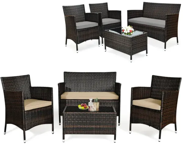 4 Pieces Comfortable Outdoor Rattan Sofa Set with Glass Coffee Table