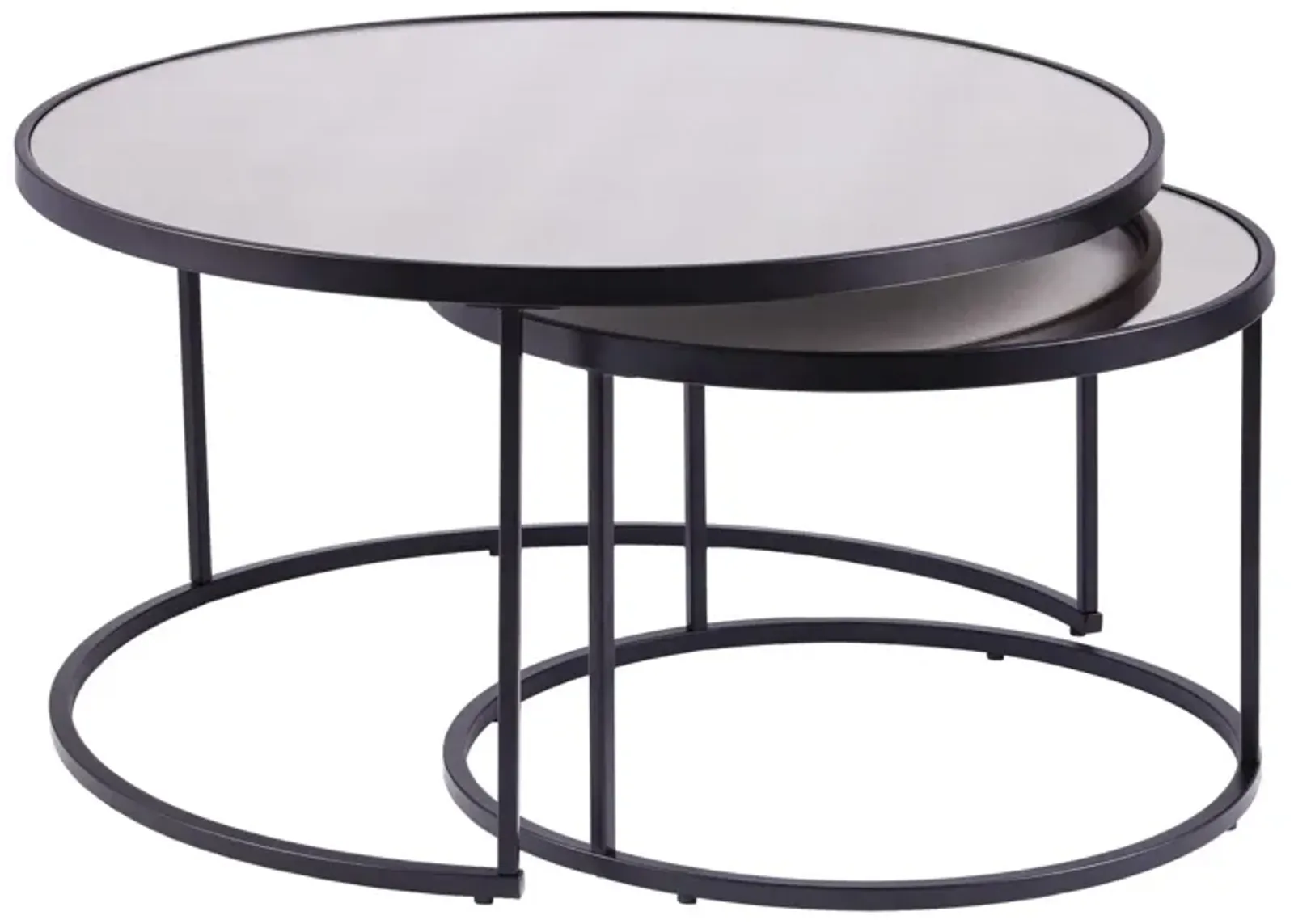 Homezia Set of Two Black And Silver Mirrored Round Nested Coffee Table Set