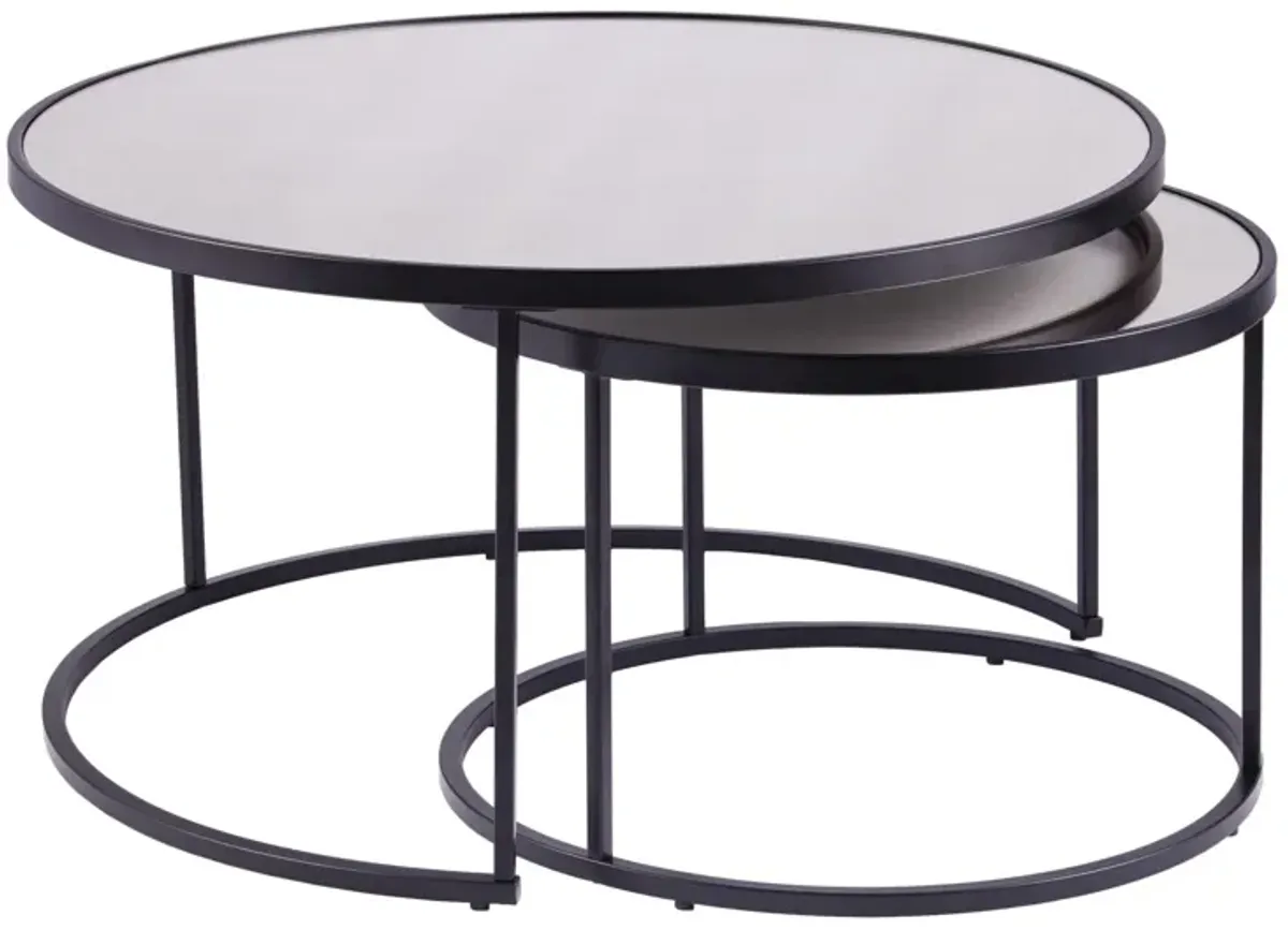 Homezia Set of Two Black And Silver Mirrored Round Nested Coffee Table Set