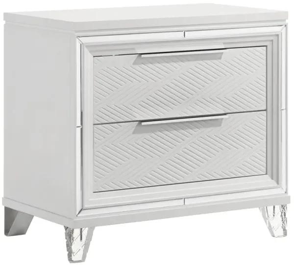 Mory Nightstand, 2 Drawers, Embossed Herringbone Pattern White, Chrome - Benzara