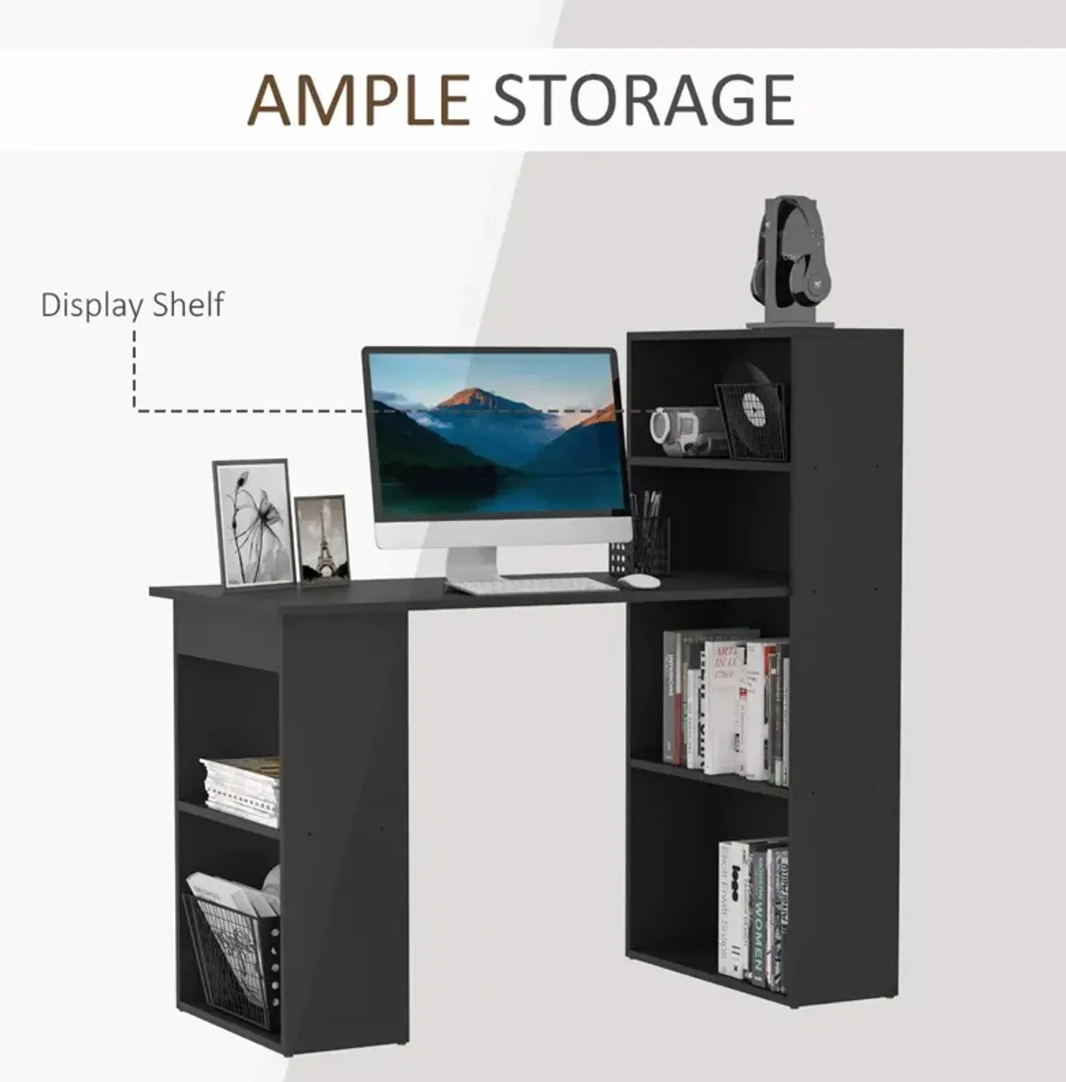 Black Workspace Combo: 47" Modern Computer Desk with Bookshelf