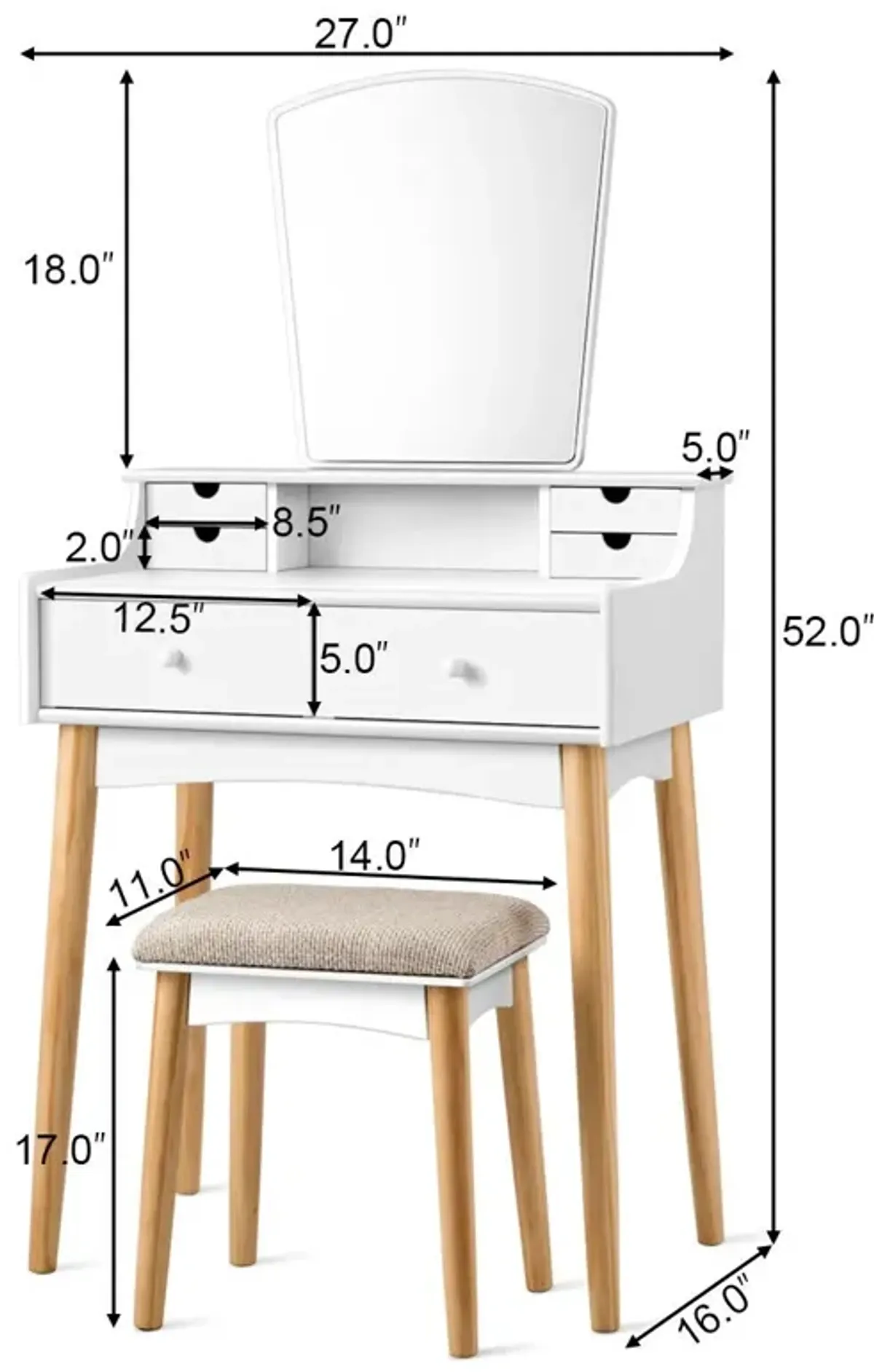 Makeup Vanity Set with 6 Drawers and Unique Shape Mirror