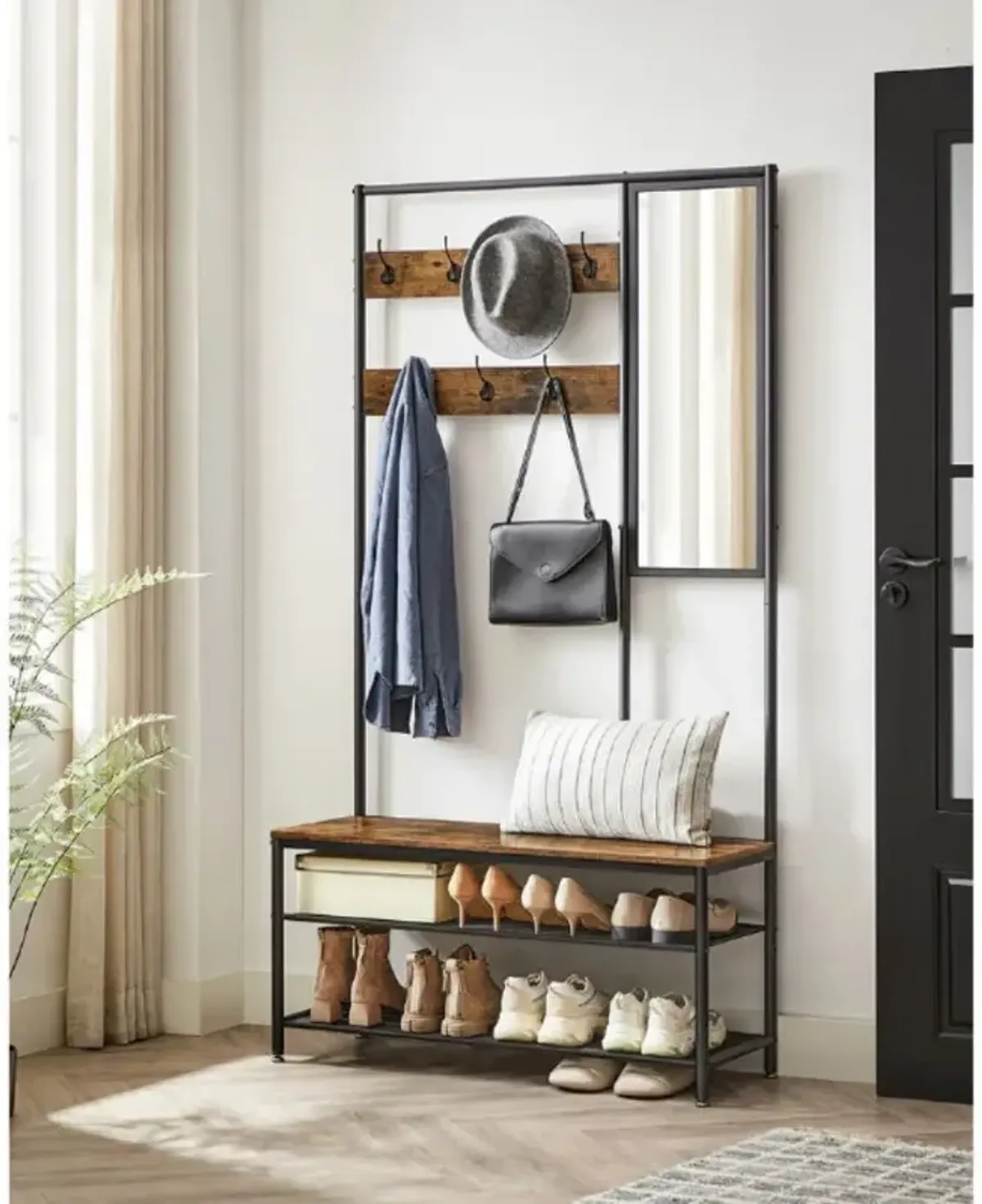 Coat Rack Shoe Bench with Mirror Stylish Storage Solution for Entryway