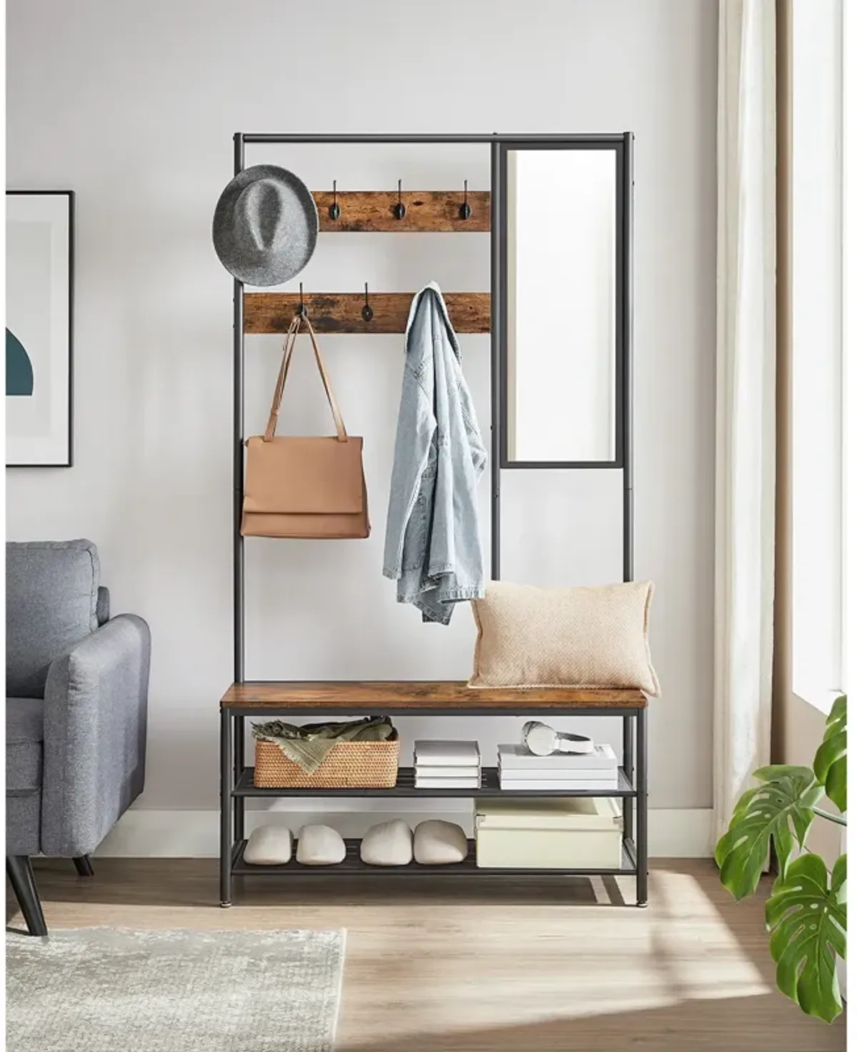 Coat Rack Shoe Bench with Mirror Stylish Storage Solution for Entryway