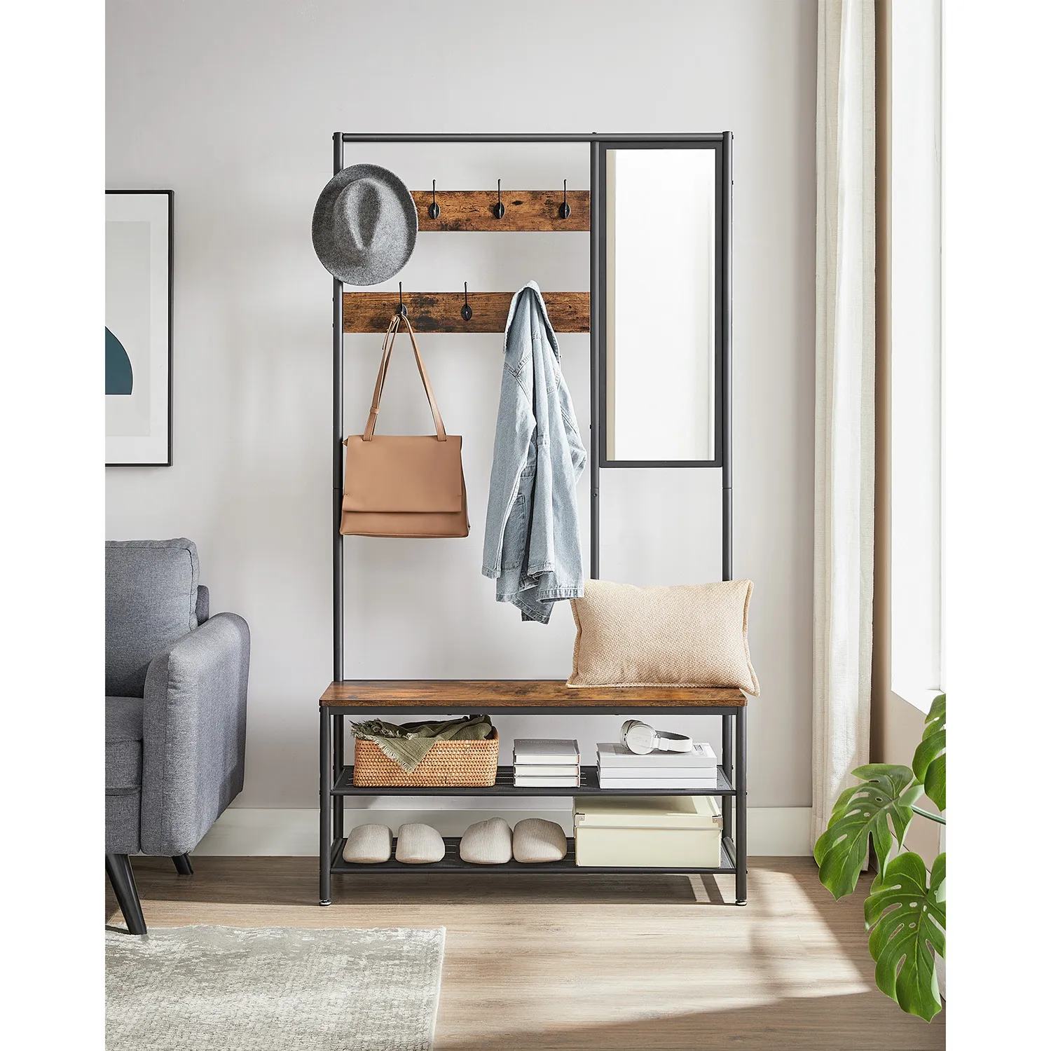 Coat Rack Shoe Bench with Mirror Stylish Storage Solution for Entryway