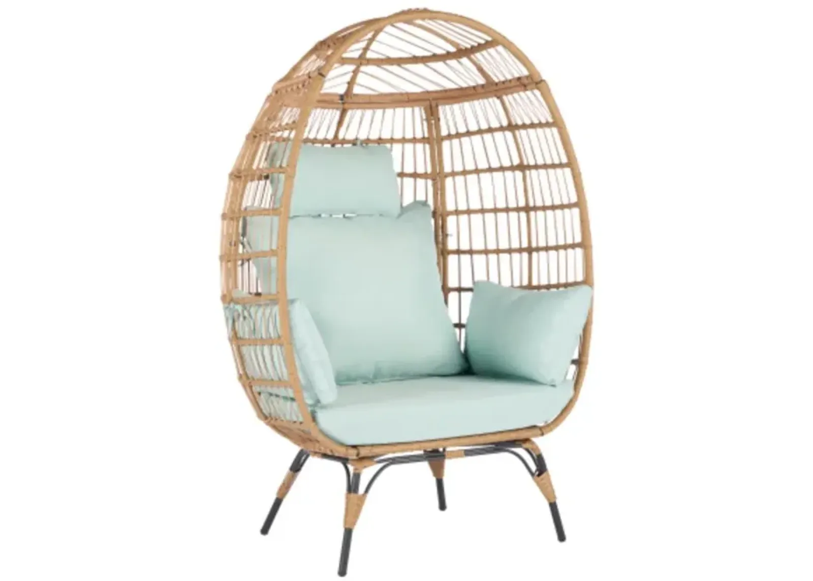 Wicker Egg Chair, Oversized Indoor Outdoor Lounger for Patio, Backyard, Living Room w/ 5 Cushions, Steel Frame, 440lb Capacity - Light Blue