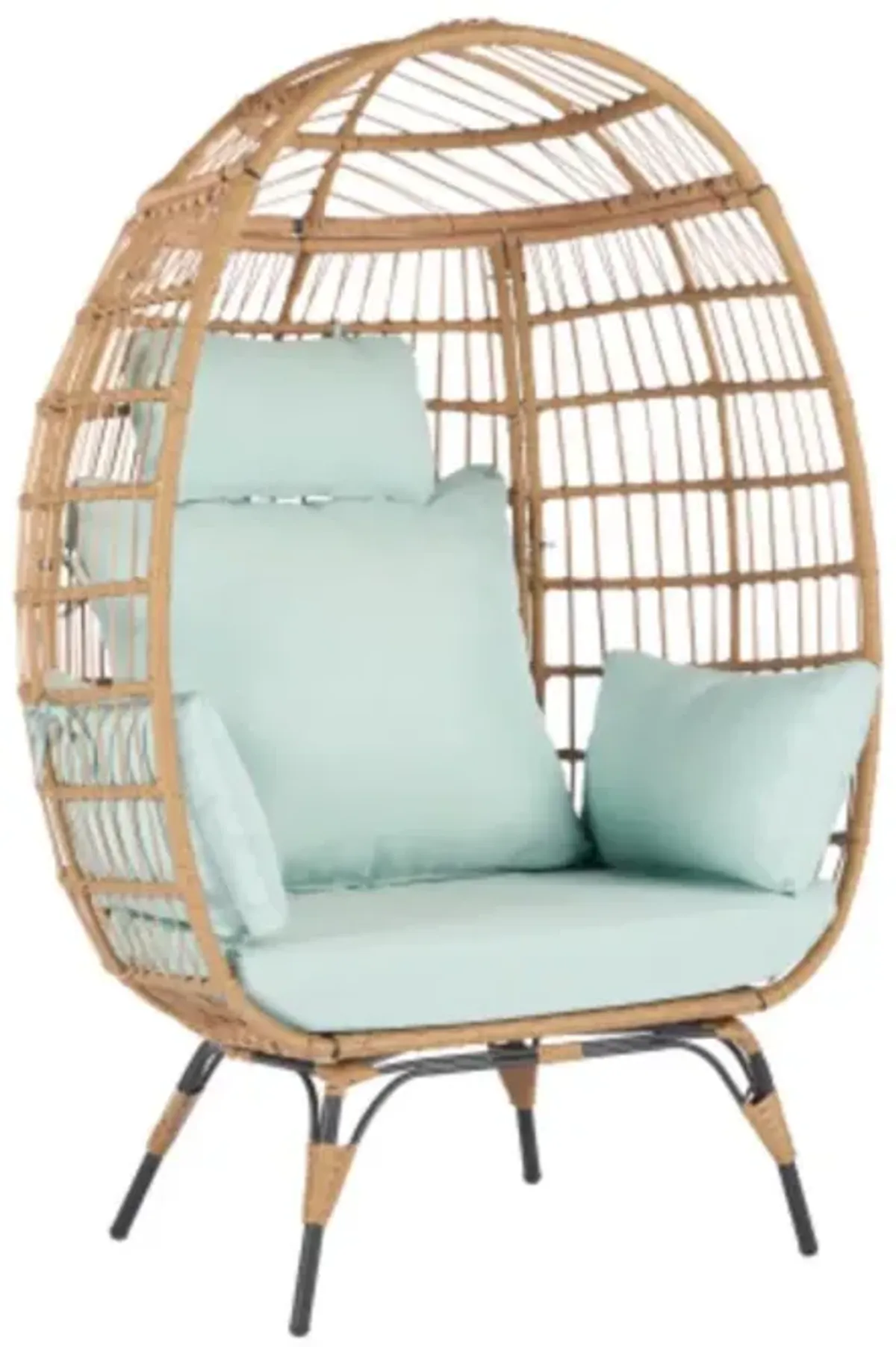 Wicker Egg Chair, Oversized Indoor Outdoor Lounger for Patio, Backyard, Living Room w/ 5 Cushions, Steel Frame, 440lb Capacity - Light Blue