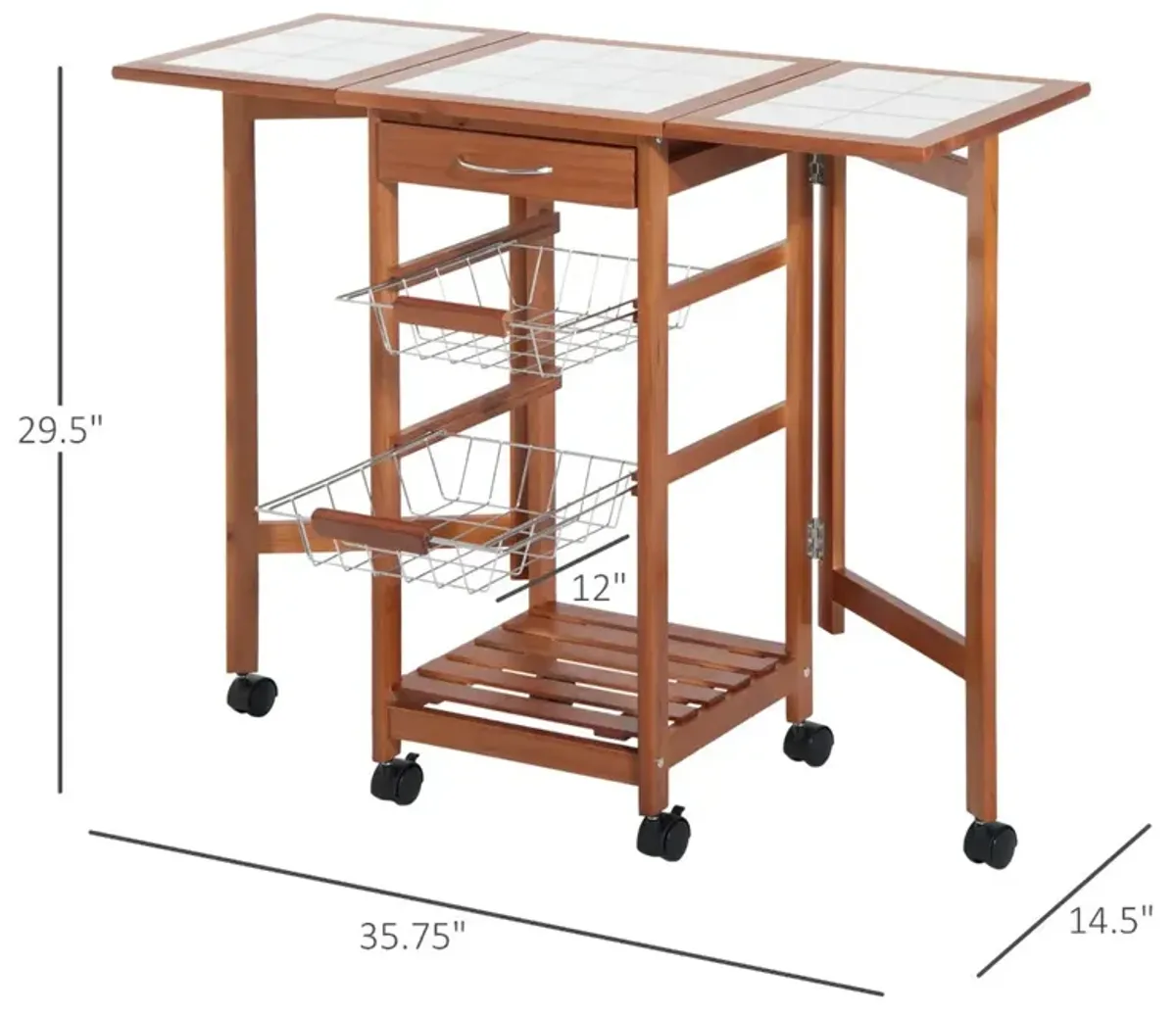 Mobile Culinary Station: 37" Honey Brown Kitchen Cart with Leaf and Storage