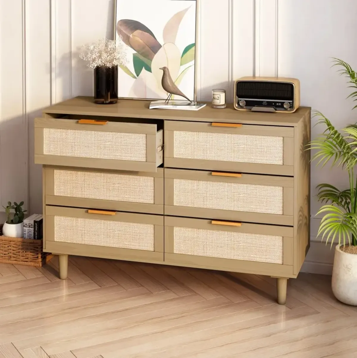 6 Drawers Rattan Dresser Rattan Drawer, Bedroom, Living Room