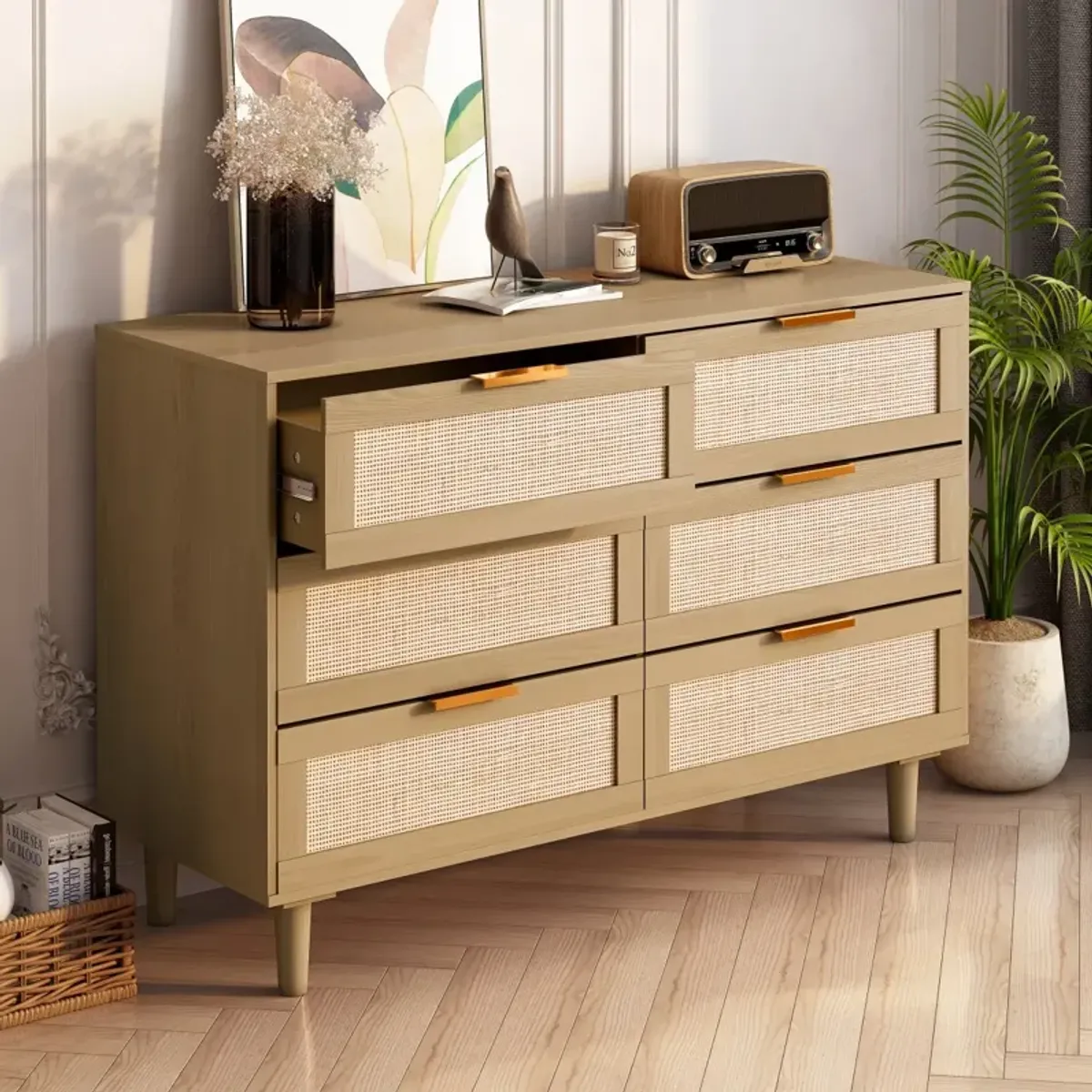 6 Drawers Rattan Dresser Rattan Drawer, Bedroom, Living Room