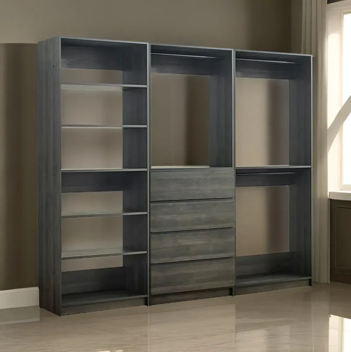 Dee Modular Freestanding Closet System, 4 Drawers, 5 Shelves, Dark Gray  - Benzara