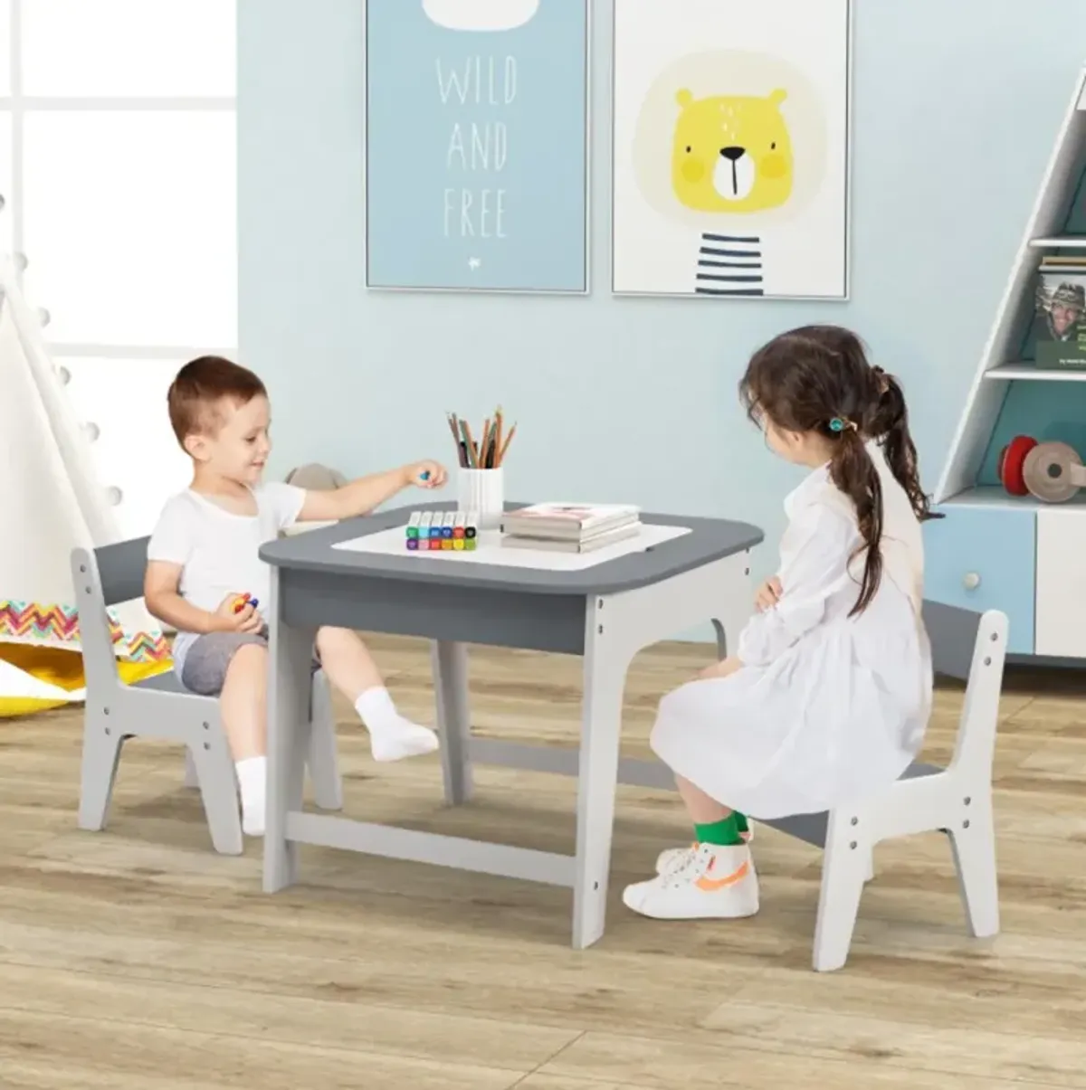 Hivvago Kid's Table and Chairs Set with Double-sized Tabletop-Gray