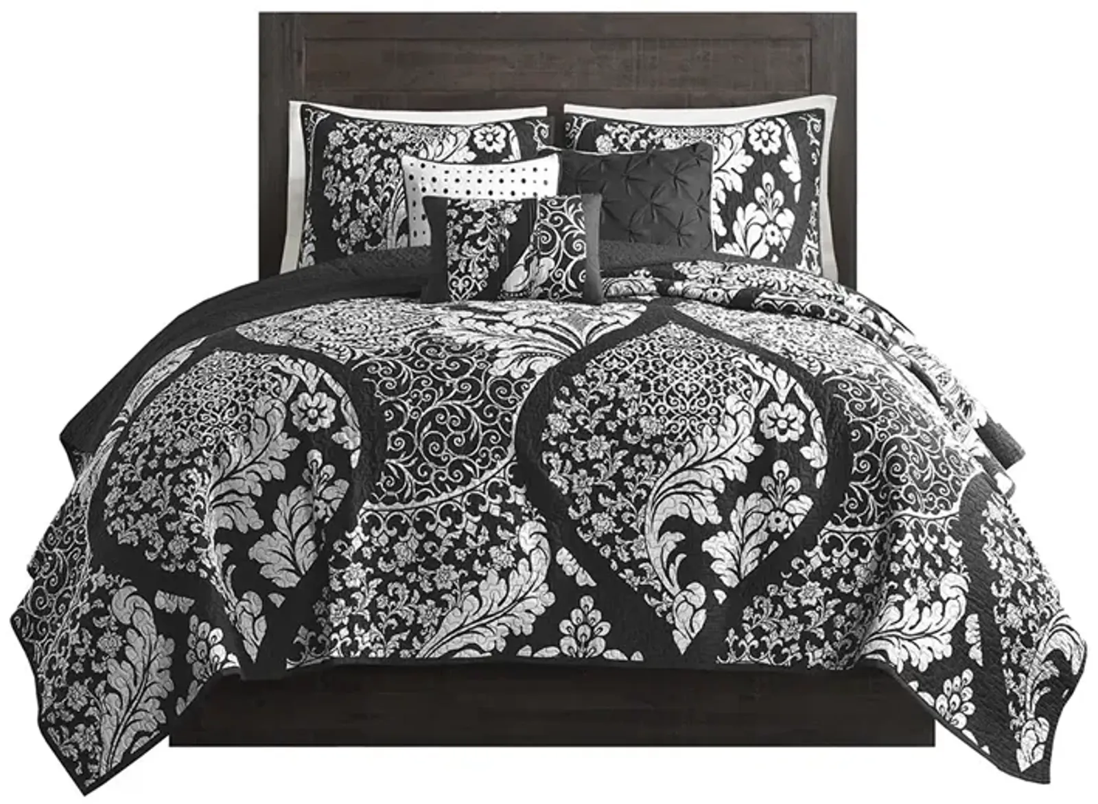 Gracie Mills Muriel 6 Piece Damask Printed Cotton Quilt Set with Throw Pillows