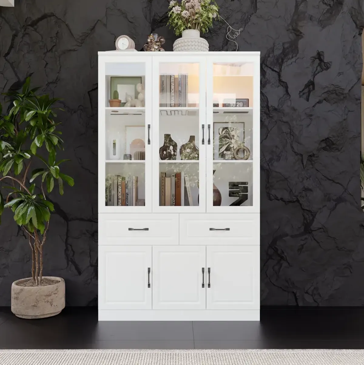 FUFU&GAGA Bookcase with Glass Doors, Drawers, and Storage Cabinets (47.2" W x 15.7" D x 78.7" H) White