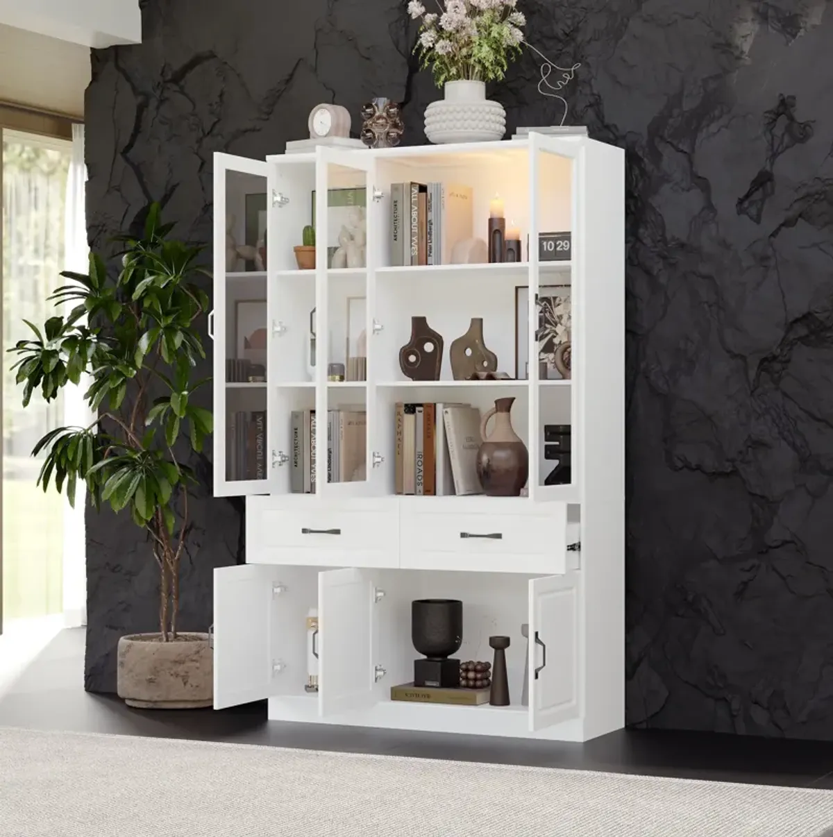 FUFU&GAGA Bookcase with Glass Doors, Drawers, and Storage Cabinets (47.2" W x 15.7" D x 78.7" H) White