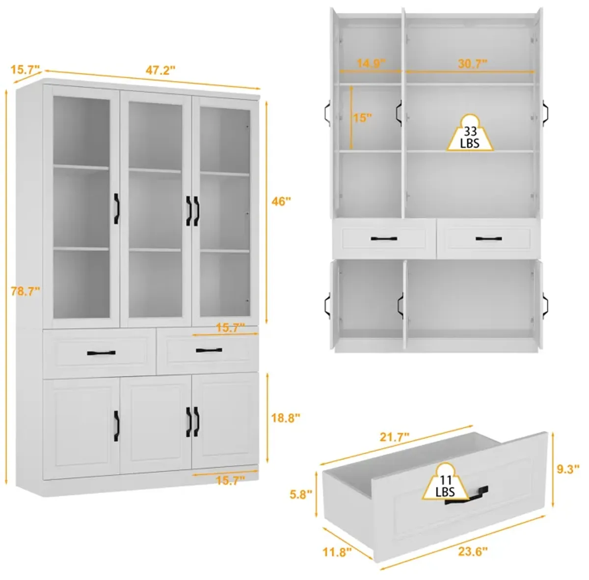 FUFU&GAGA Bookcase with Glass Doors, Drawers, and Storage Cabinets (47.2" W x 15.7" D x 78.7" H) White