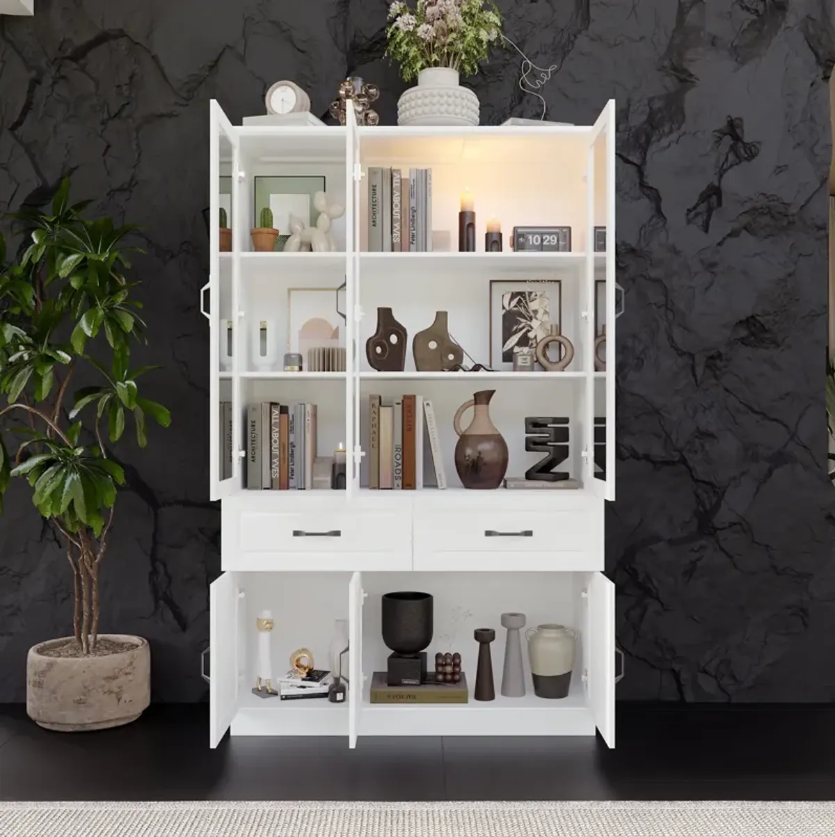 FUFU&GAGA Bookcase with Glass Doors, Drawers, and Storage Cabinets (47.2" W x 15.7" D x 78.7" H) White