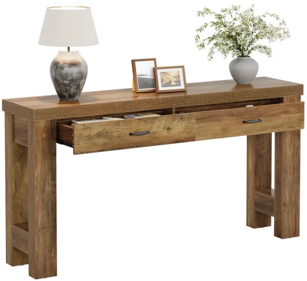 Tribesigns 63" Console Table with 2 Drawers, Farmhouse Wood Entryway Table with H-Shaped Sturdy Legs for Hallway, Living Room, Bedroom, Brown