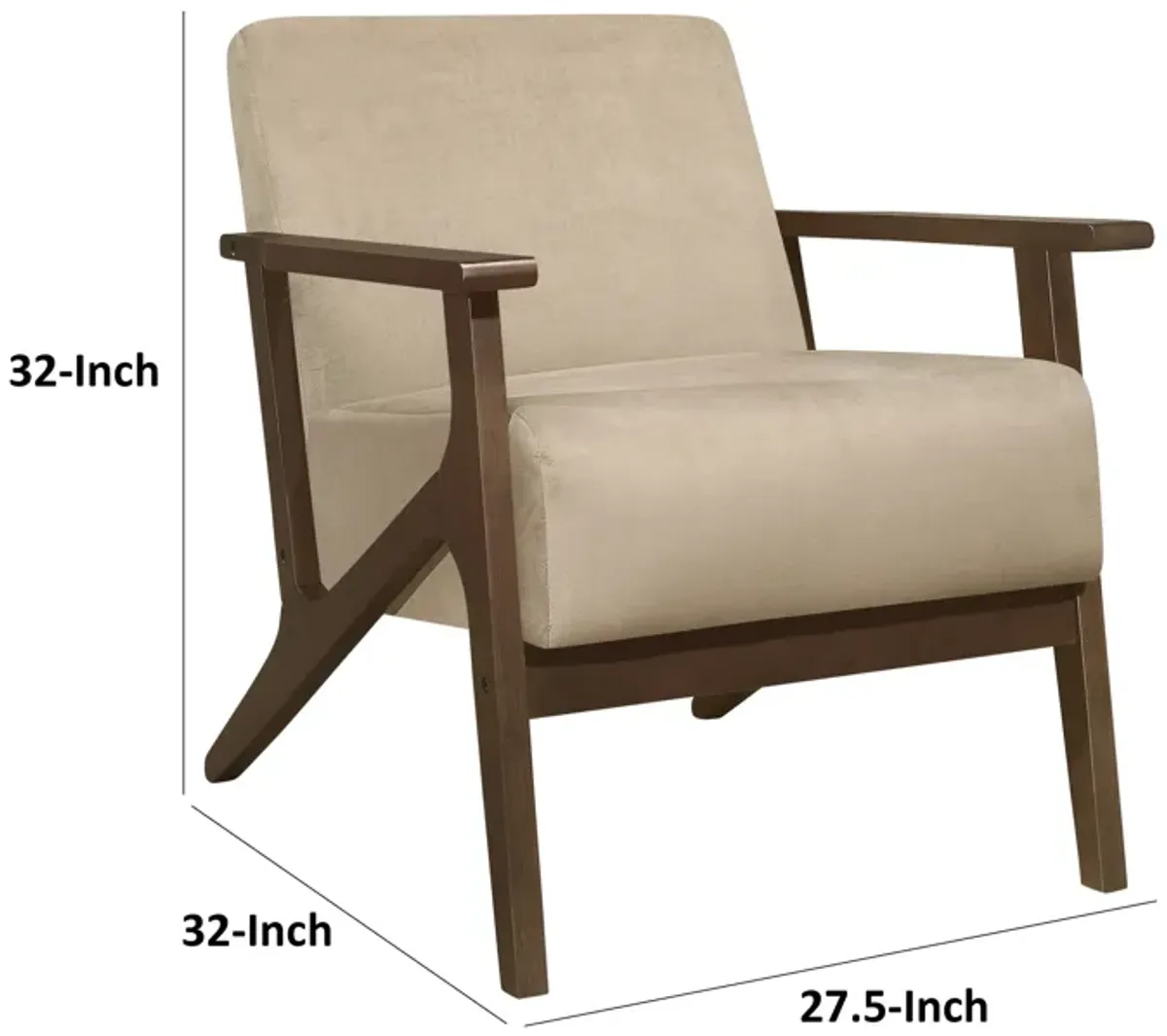 Rica 32 Inch Accent Armchair, Soft Beige Velvet, Walnut Brown Solid Wood - Benzara