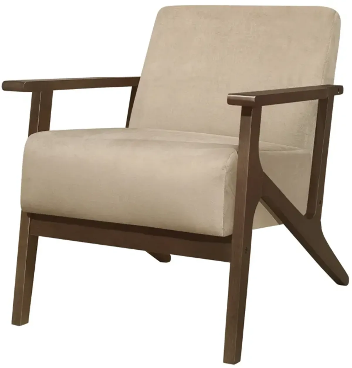 Rica 32 Inch Accent Armchair, Soft Beige Velvet, Walnut Brown Solid Wood - Benzara