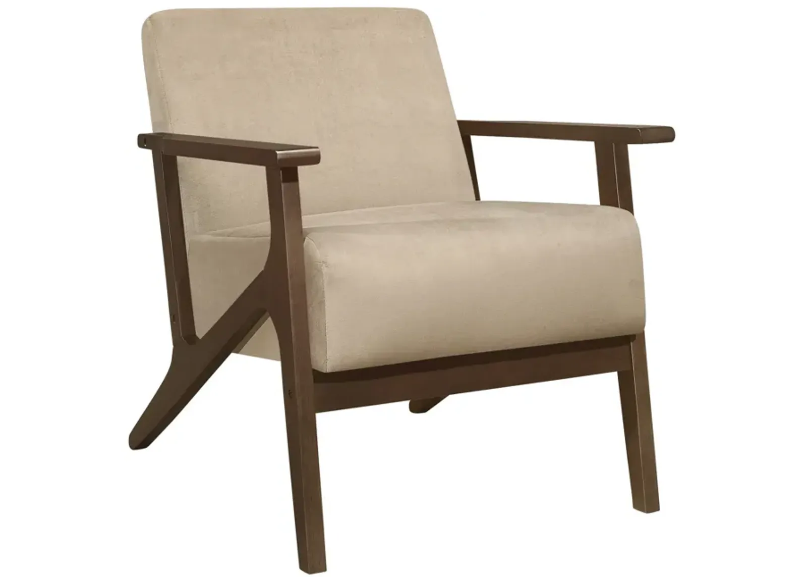 Rica 32 Inch Accent Armchair, Soft Beige Velvet, Walnut Brown Solid Wood - Benzara