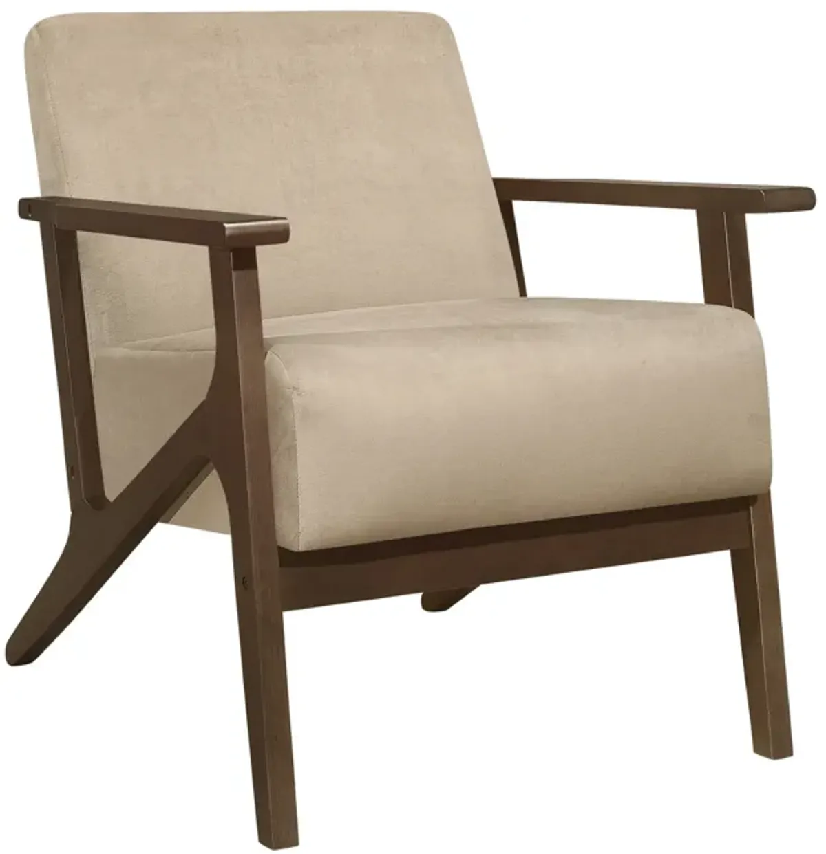 Rica 32 Inch Accent Armchair, Soft Beige Velvet, Walnut Brown Solid Wood - Benzara