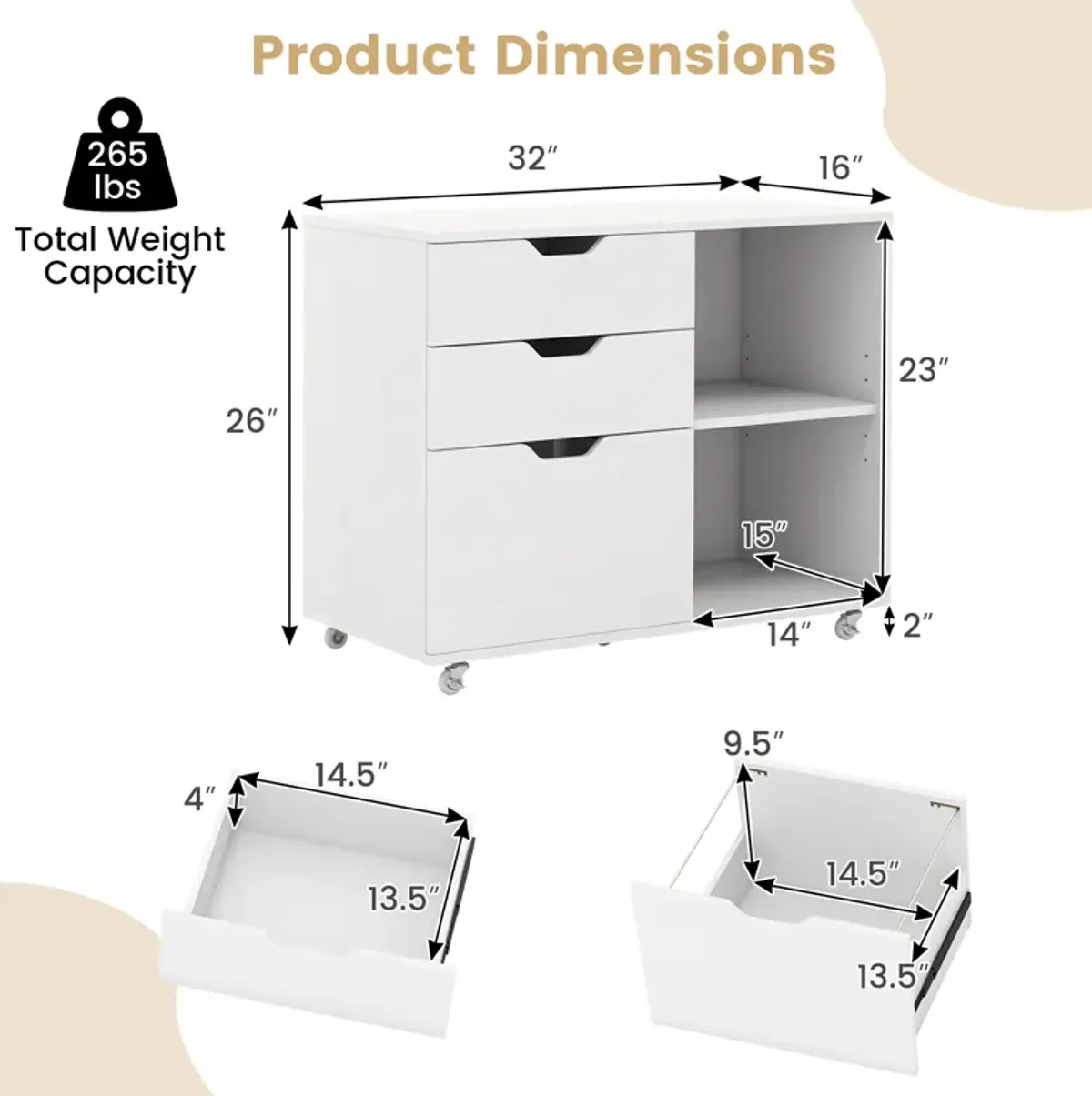 3-Drawer File Cabinet with Adjustable Shelf and Wheels for Letter