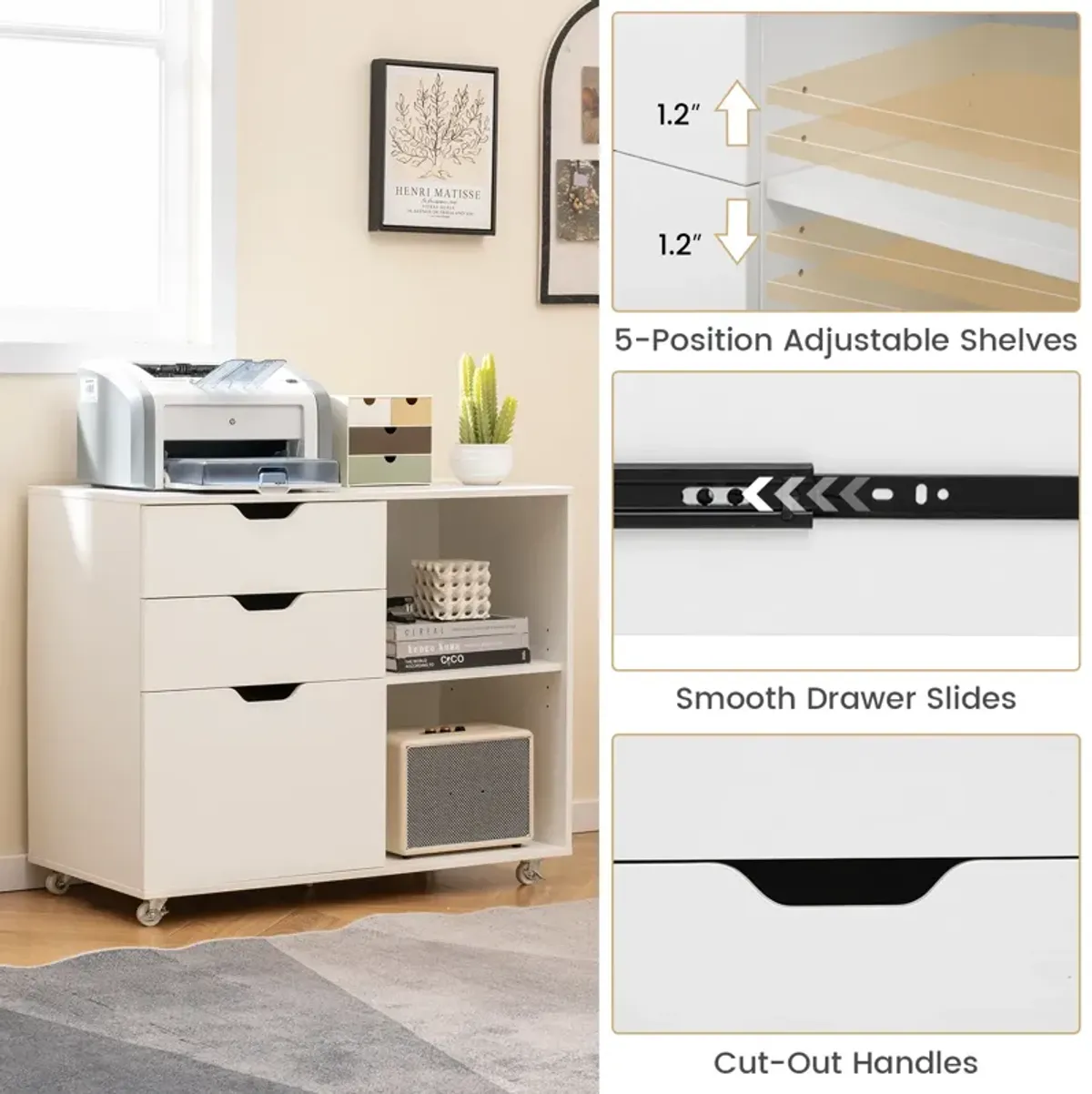 3-Drawer File Cabinet with Adjustable Shelf and Wheels for Letter