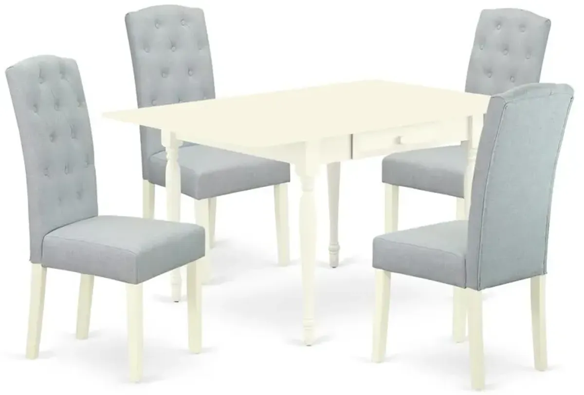 1MZCE5-LWH-15 5Pc Dinette Sets for Small Spaces Includes a Small Kitchen Table and 4 Parson Chairs with Baby Blue Color Linen Fabric, Drop Leaf Table with Full Back Chairs, Linen White Finish