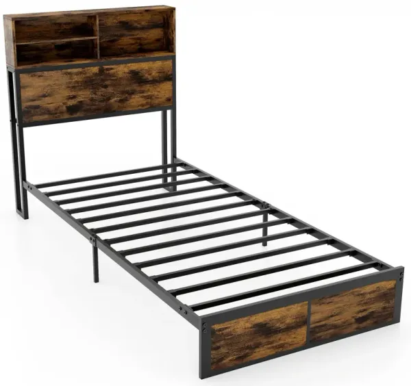 Industrial Metal Platform Bed Frame with Storage Headboard for Modern Bedrooms