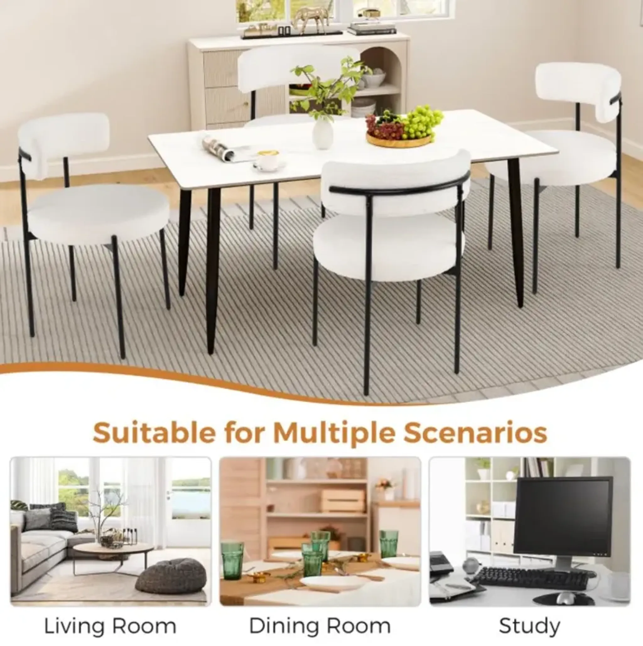 Hivvago Boucle Dining Chair With Curved Backrest And Metal Legs Set Of ...