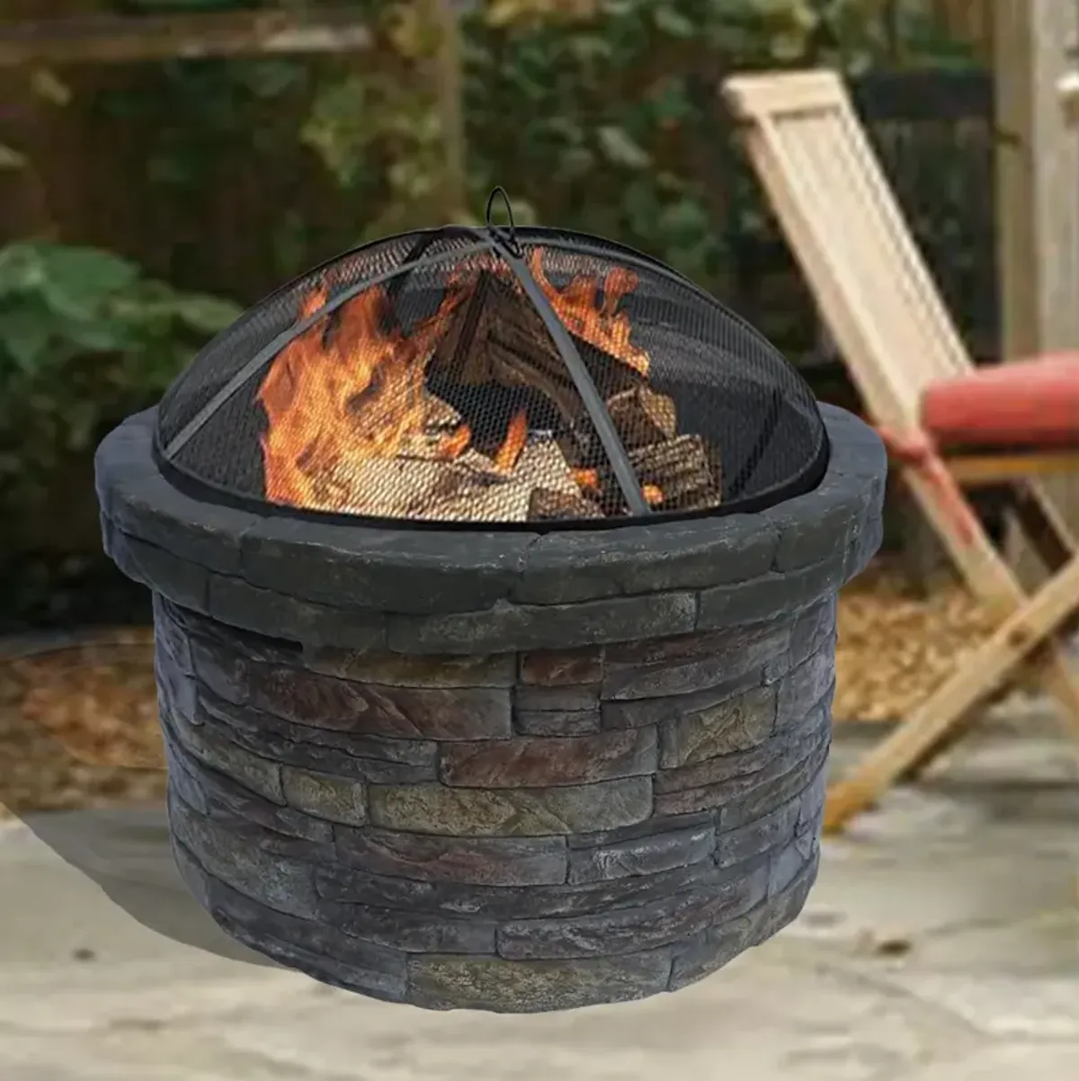 Teamson Home 26.5" Outdoor Round Stone Wood Burning Fire Pit with Steel Base, Natural Stone