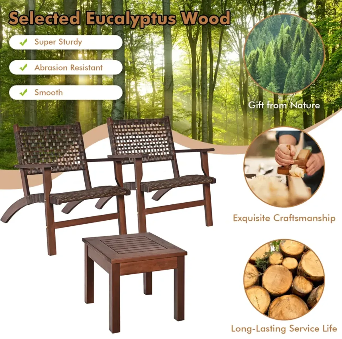 3 Pieces Outdoor Wooden Patio Rattan Furniture Set