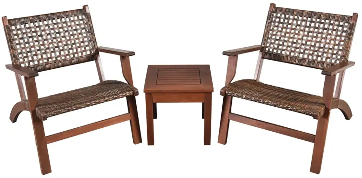 3 Pieces Outdoor Wooden Patio Rattan Furniture Set