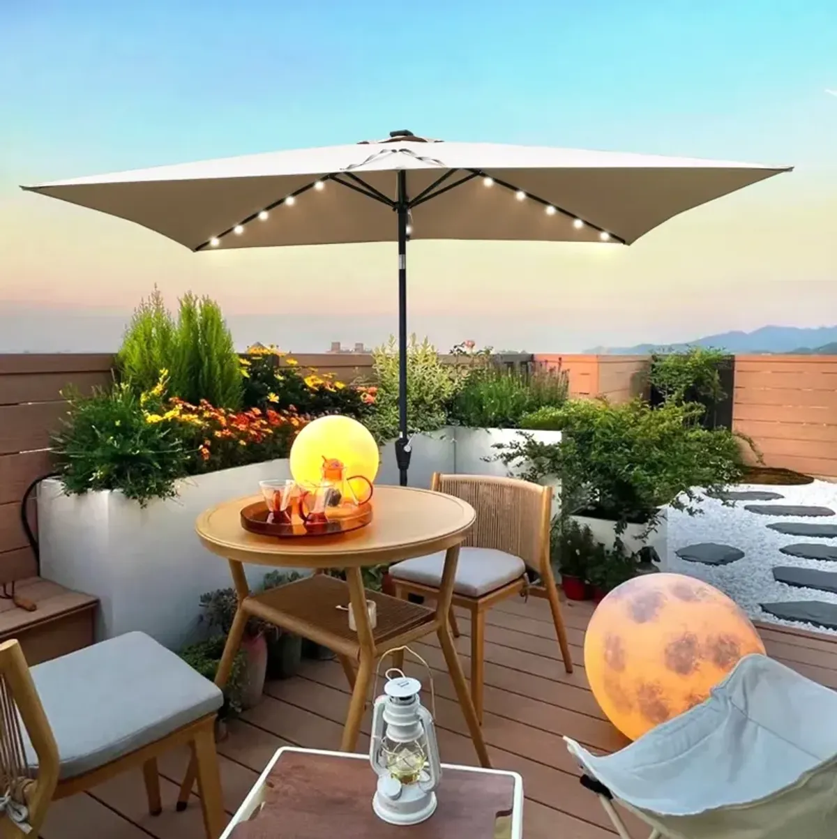 10 X 6.5FT Rectangular Patio Solar LED Lighted Outdoor Umbrellas With Crank And Push Button