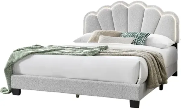 Geny Queen Size Bed, Classic White Wool Upholstery and LED, Glam Arch - Benzara