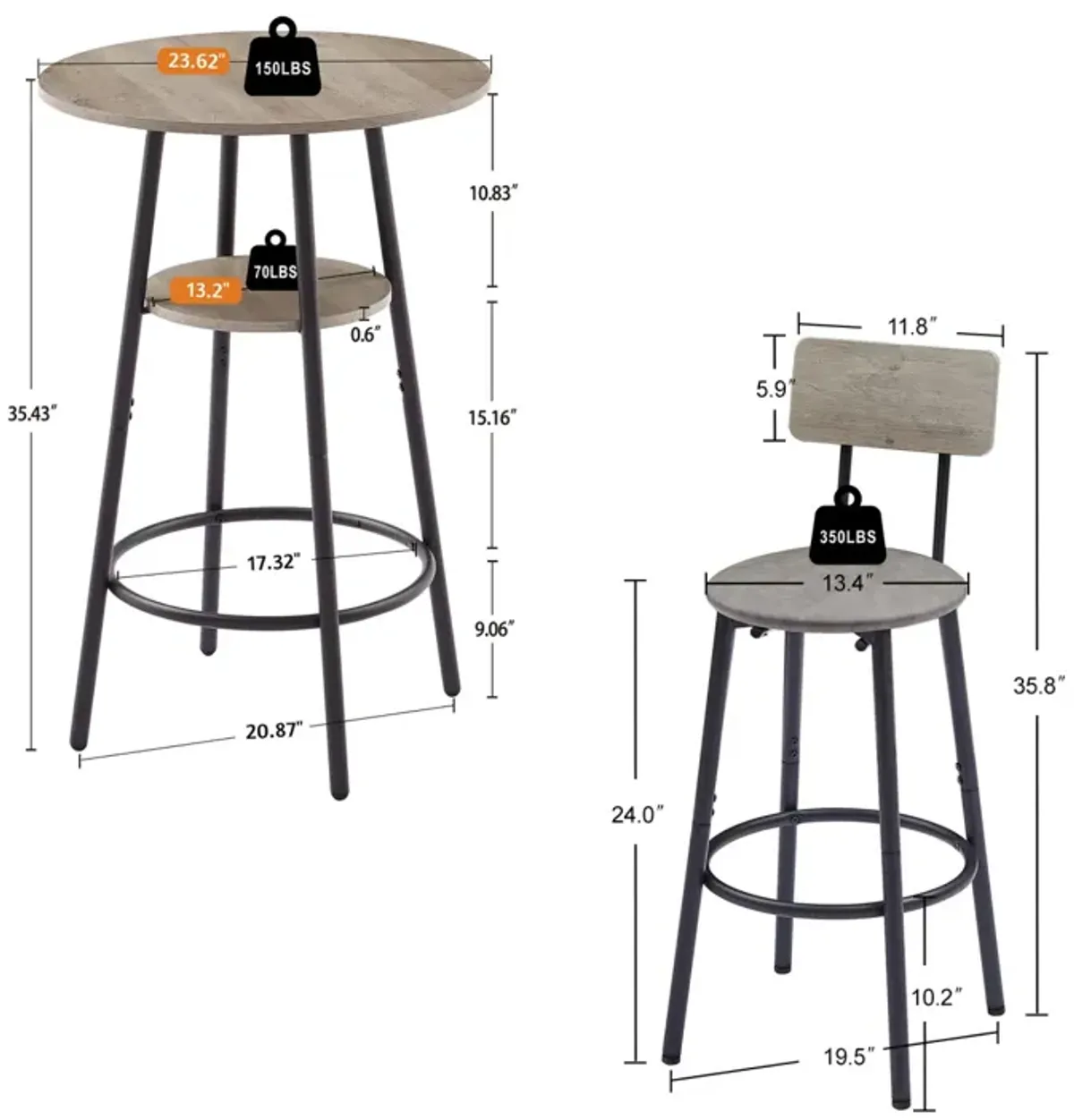 Round Barstool Set With Shelf, Upholstered Stool With Backrest, 23.62" W X 23.62" D X 35.43"