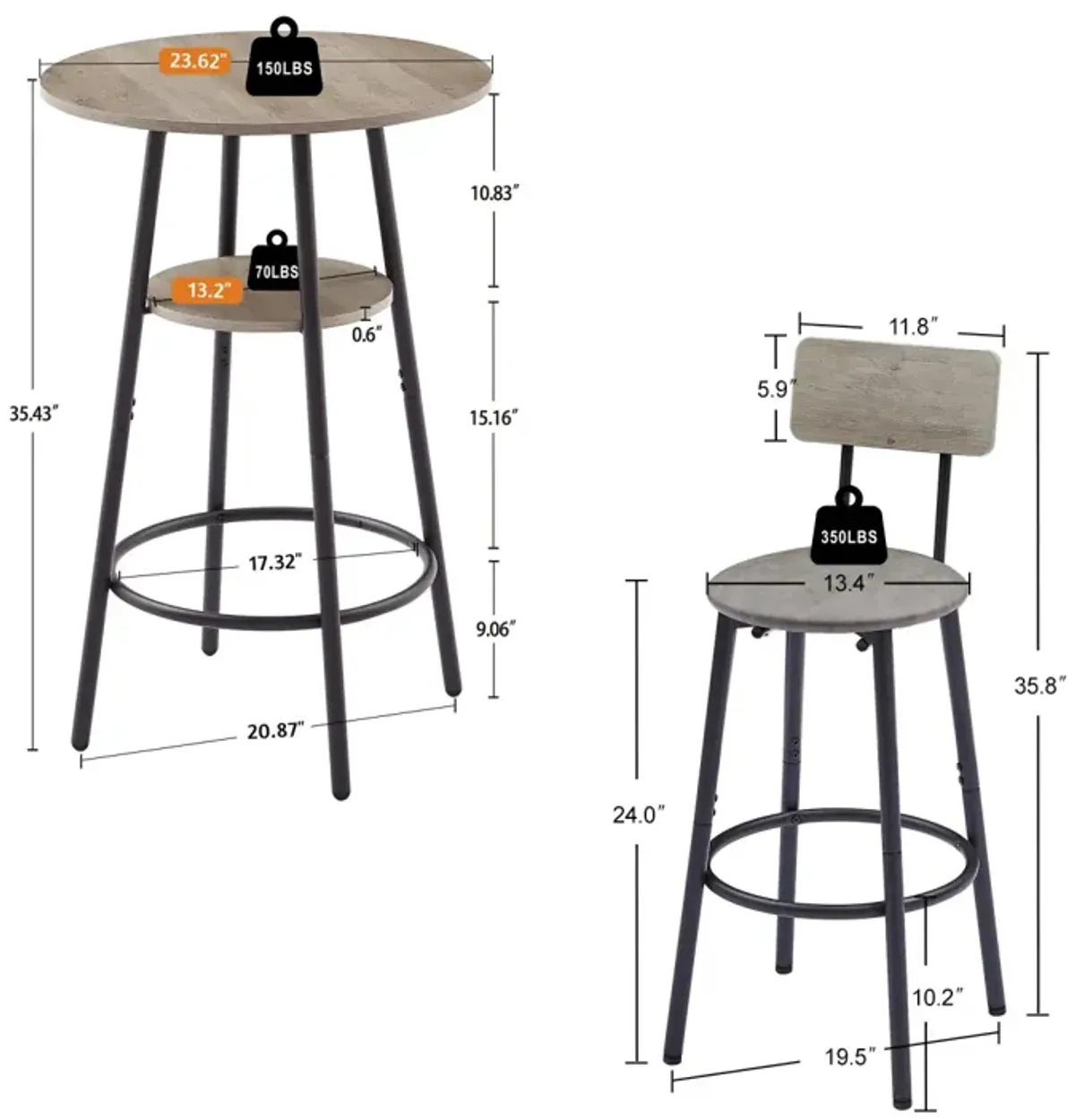 Round Barstool Set With Shelf, Upholstered Stool With Backrest, 23.62" W X 23.62" D X 35.43"