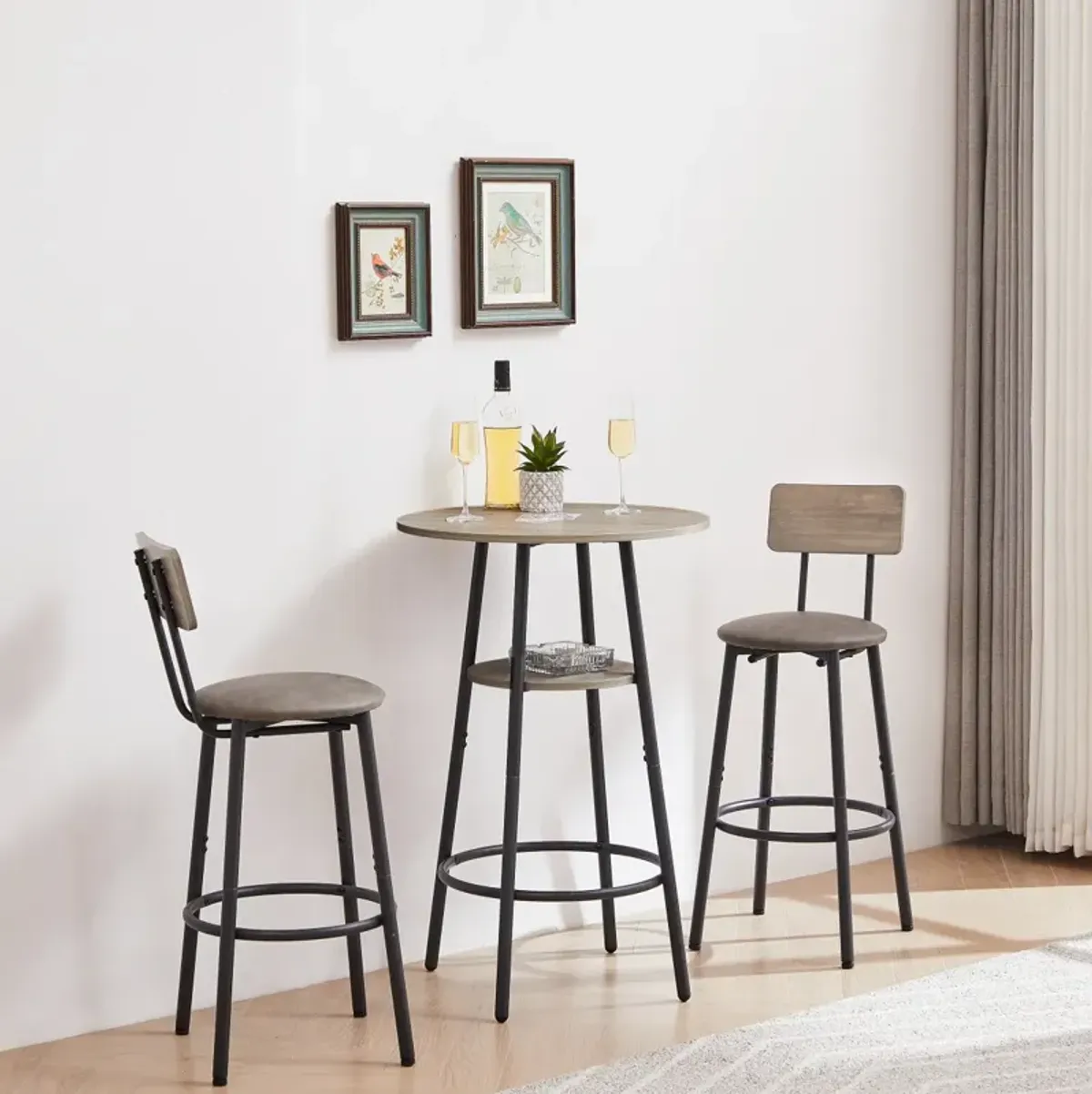 Round Barstool Set With Shelf, Upholstered Stool With Backrest, 23.62" W X 23.62" D X 35.43"