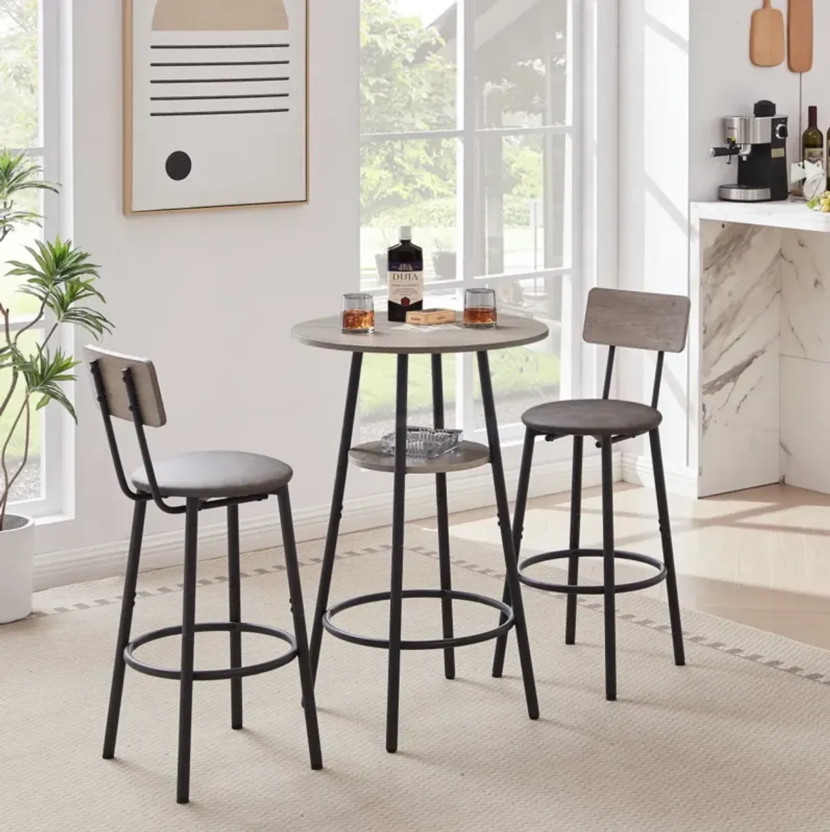 Round Barstool Set With Shelf, Upholstered Stool With Backrest, 23.62" W X 23.62" D X 35.43"