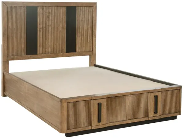 Reon Queen Platform Bed w 2 Storage Drawers, Reeded Ash Brown Black - Benzara